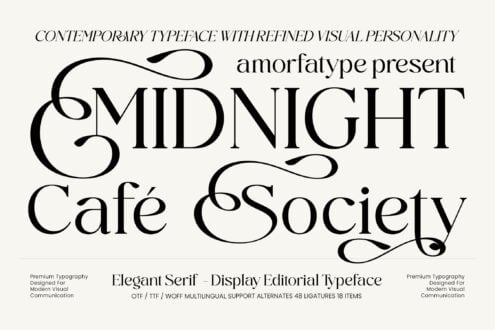Midnight Cafe Society elegant serif font with ornate swashes, display typeface