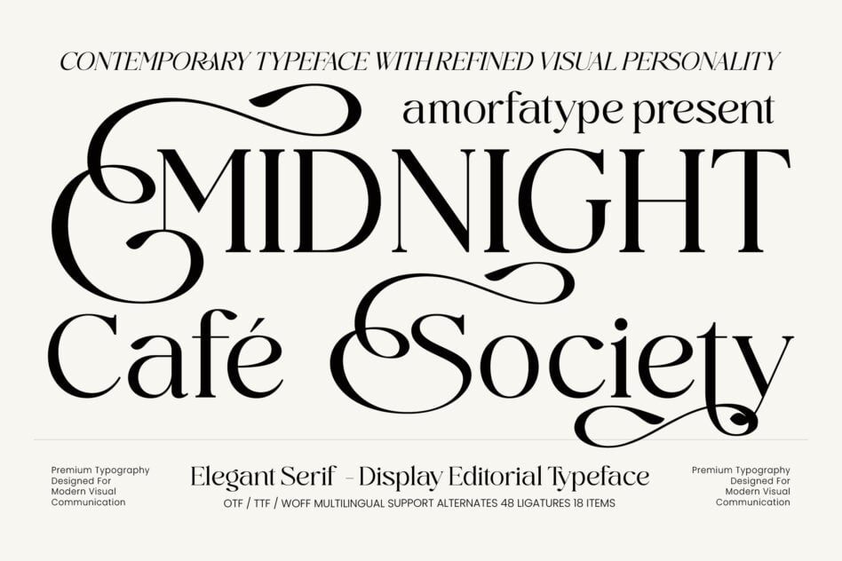 Midnight Cafe Society elegant serif font with ornate swashes, display typeface