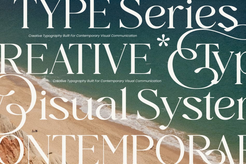 Elegant serif font family layered over coastal beach photography with teal water gradient