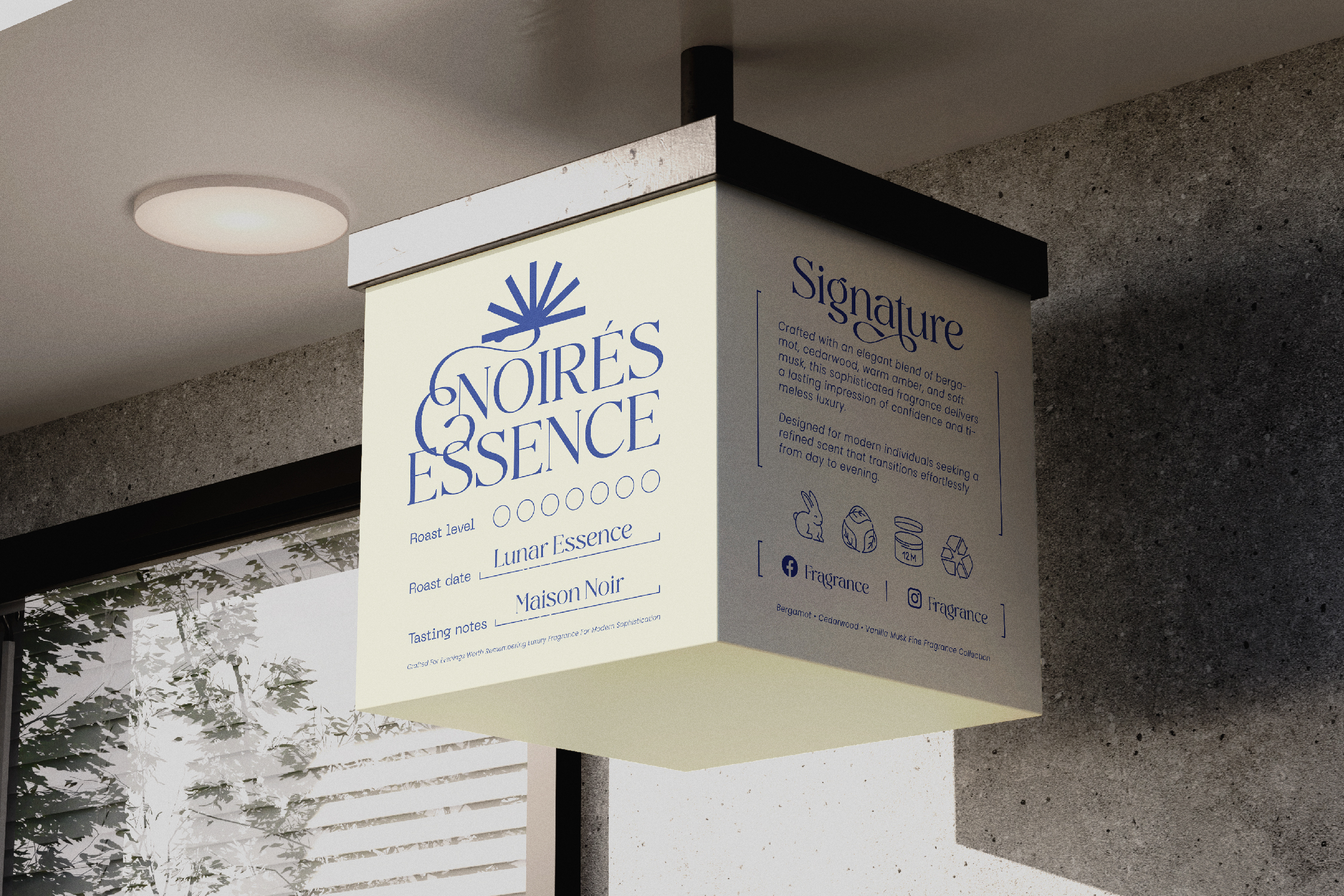 Luxury coffee brand box mockup hanging in modern concrete space with blue typography