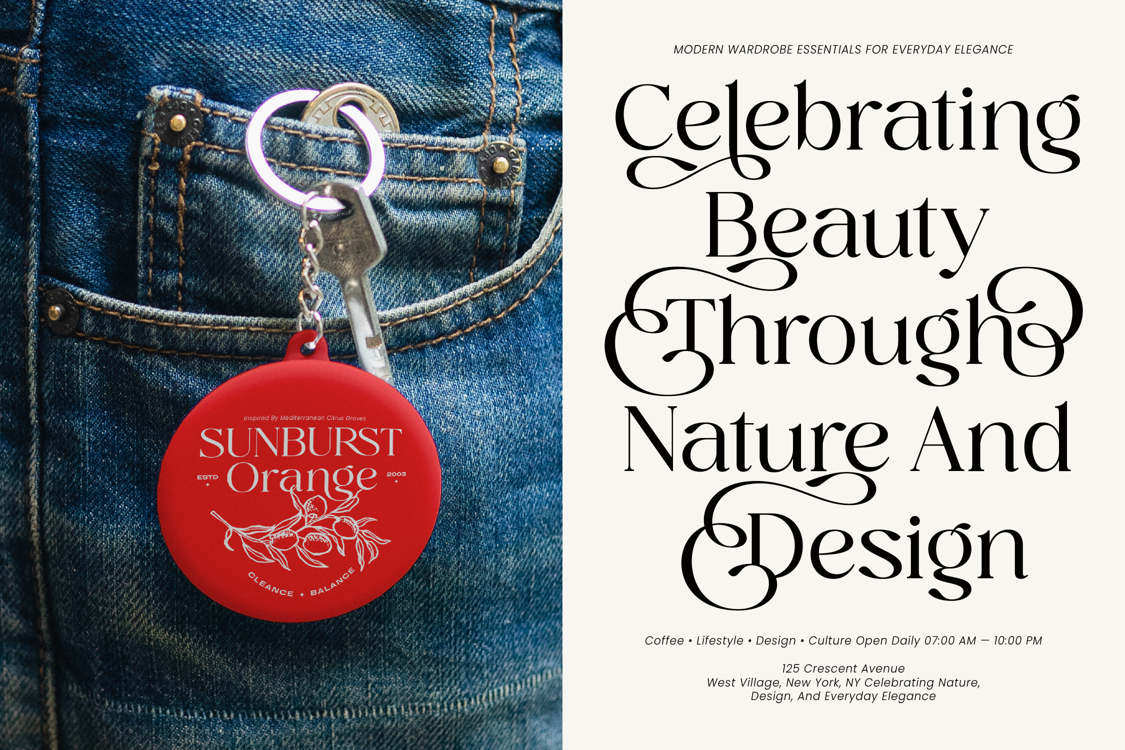 Red circular keychain with orange fruit branding clipped to denim jean pocket with metal hardware