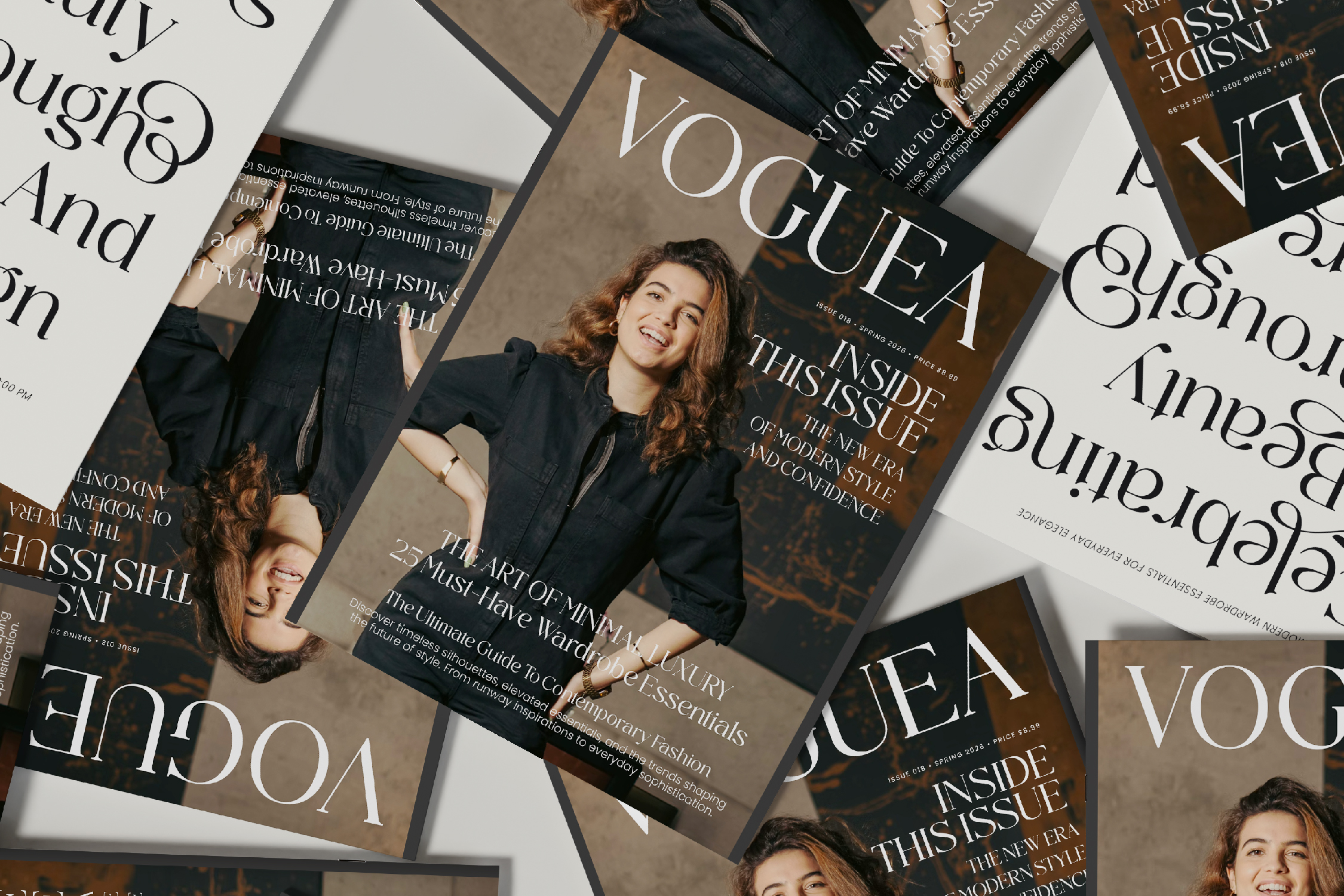 Magazine cover mockup overhead shot with tilted layouts, model in black shirt, elegant serif typography on brown, black, white covers