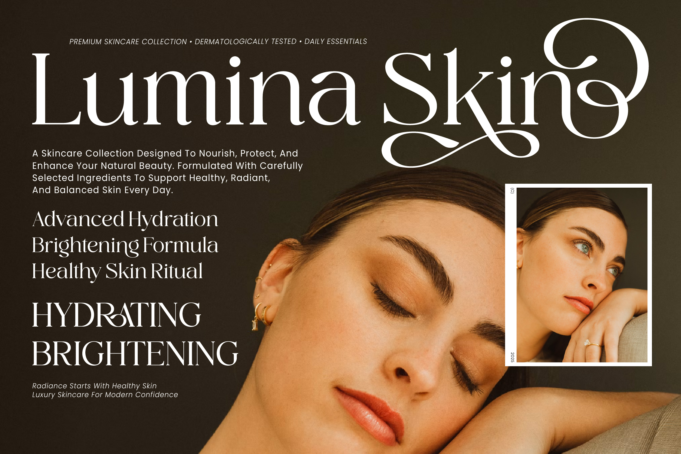 Lumina Skin9 skincare brand layout with elegant serif typography, woman's face with glowing skin, hydrating brightening product claims on dark background