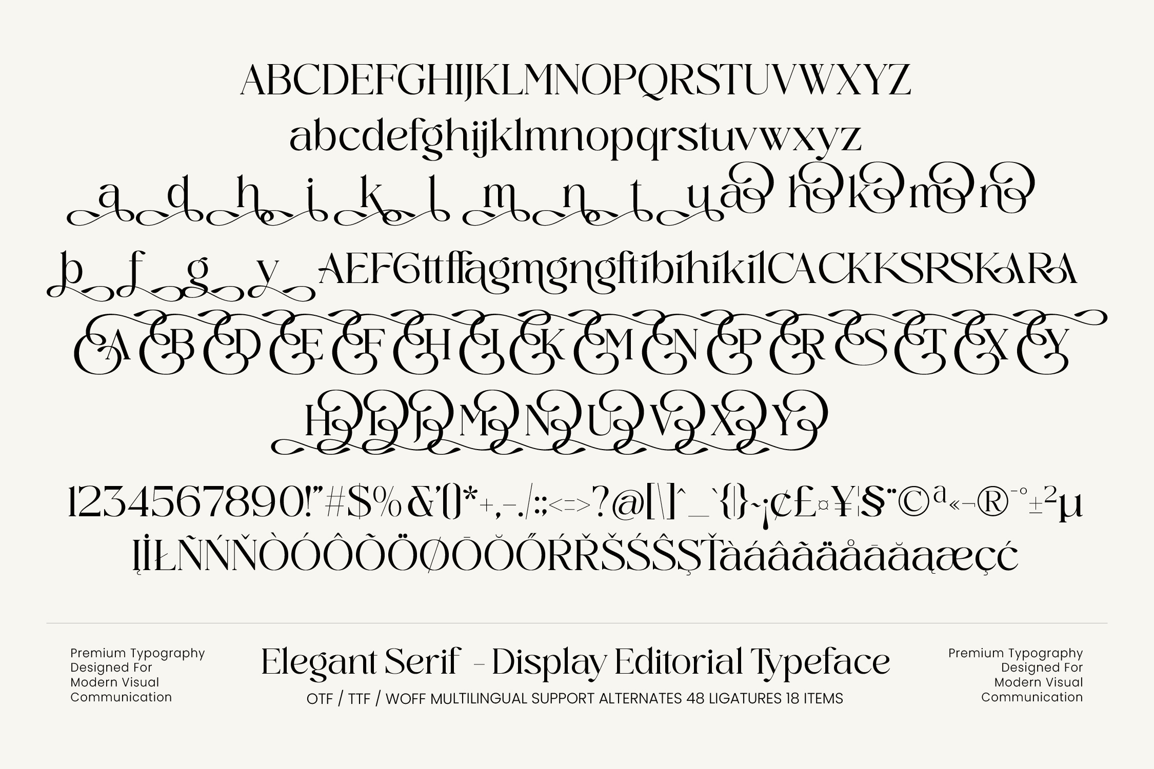 Elegant serif typeface showing full character set with alternates, ligatures, multilingual support, numbers, symbols on cream background