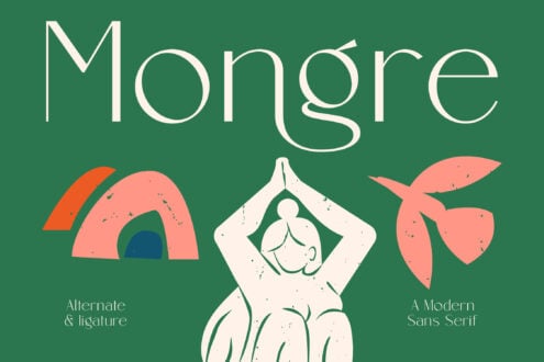 Mongré modern sans serif font with thin lines, coral geometric shapes, figure illustration on forest green background