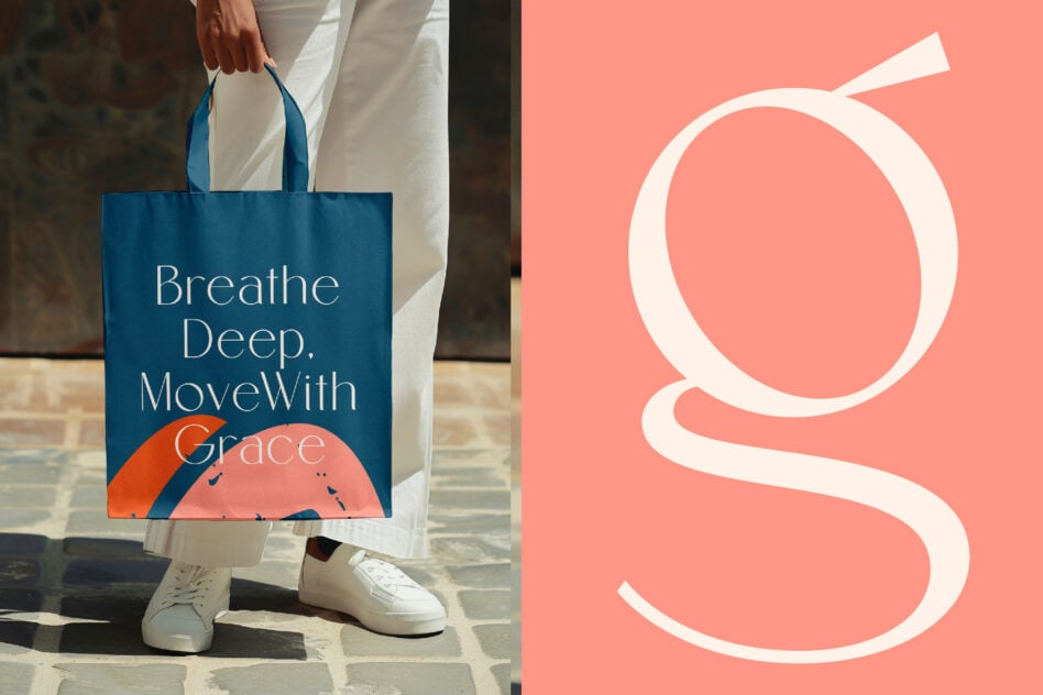 Tote bag mockup with wellness text in teal, coral geometric shapes, plus matching logo mark on coral background