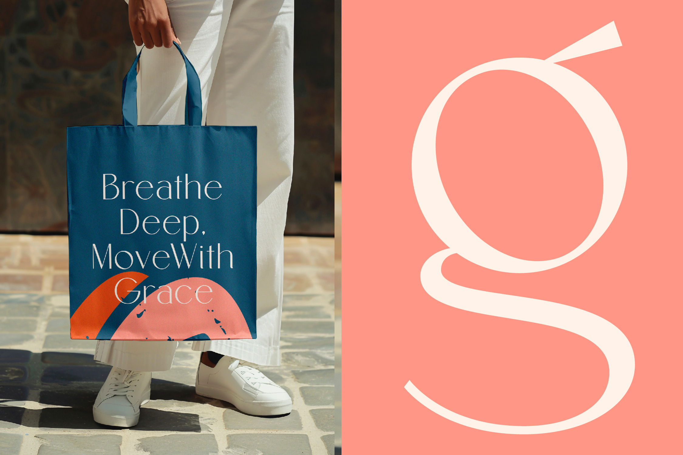 Tote bag mockup with wellness text in teal, coral geometric shapes, plus matching logo mark on coral background