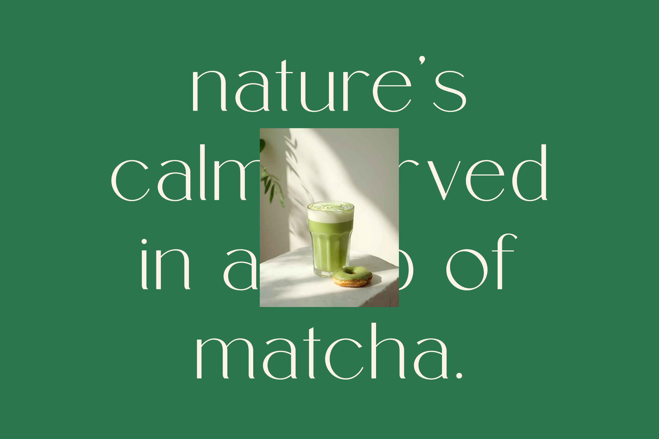 Matcha latte mockup with sunlit plant shadows on green background