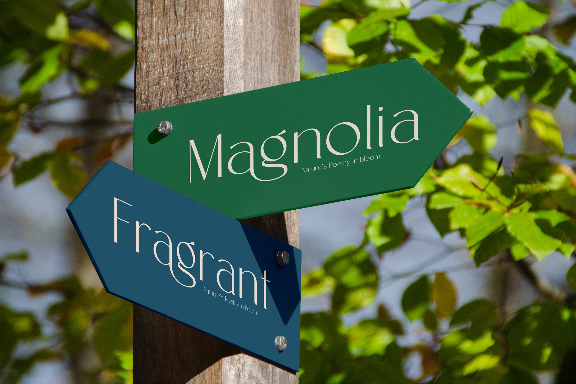 Two botanical plant markers on wooden post surrounded by green leaves