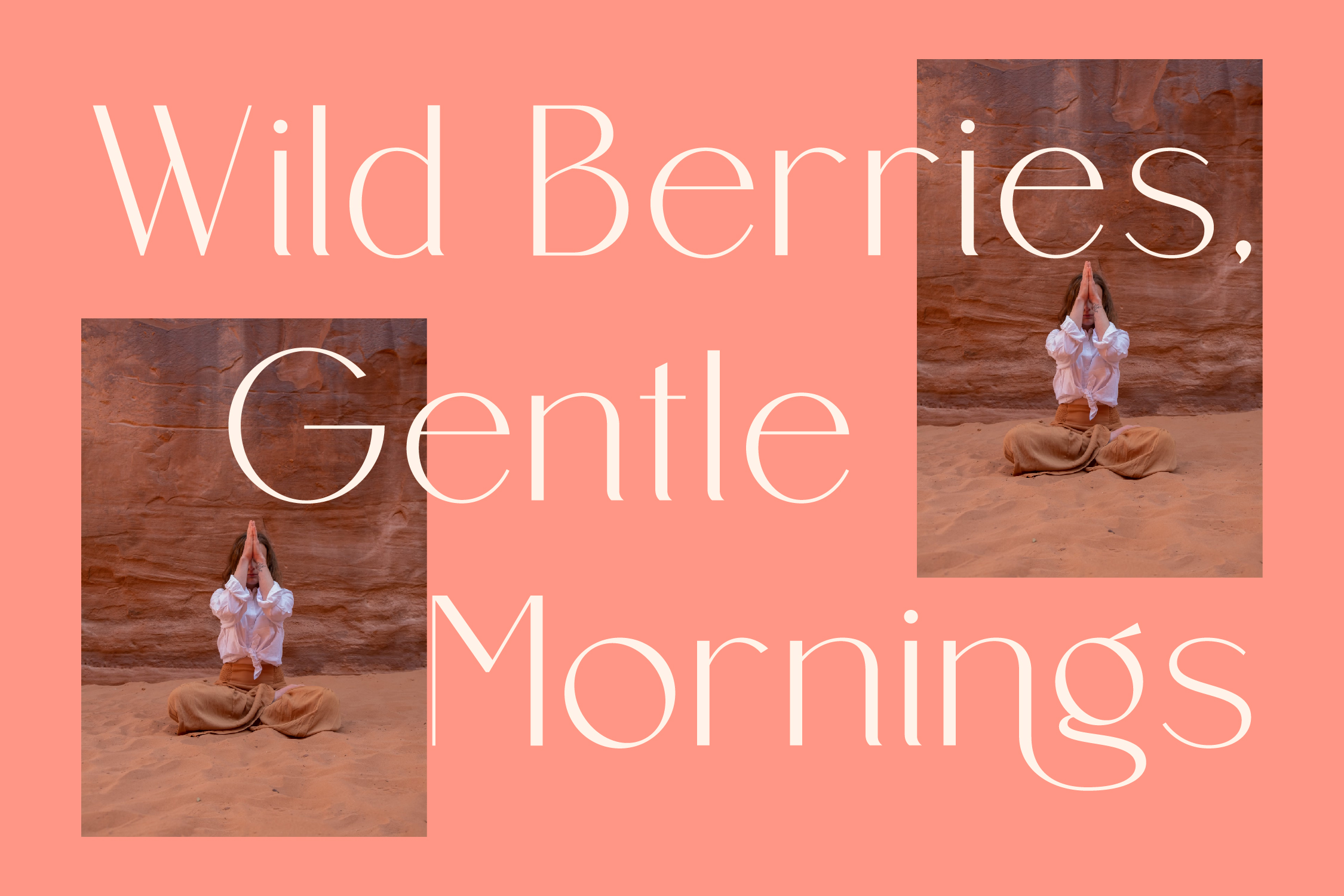 Person in yoga pose on desert sand with coral pink background, typography overlay