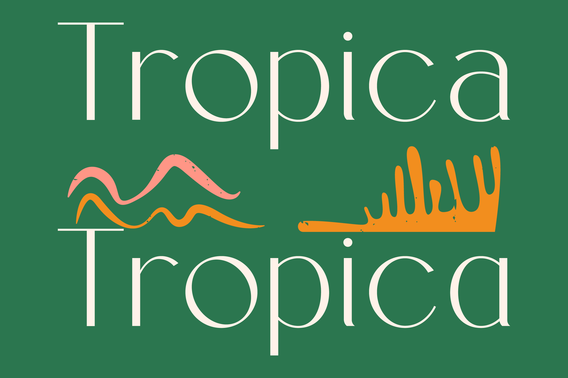 Tropica font with wavy lines in coral, orange, on green background