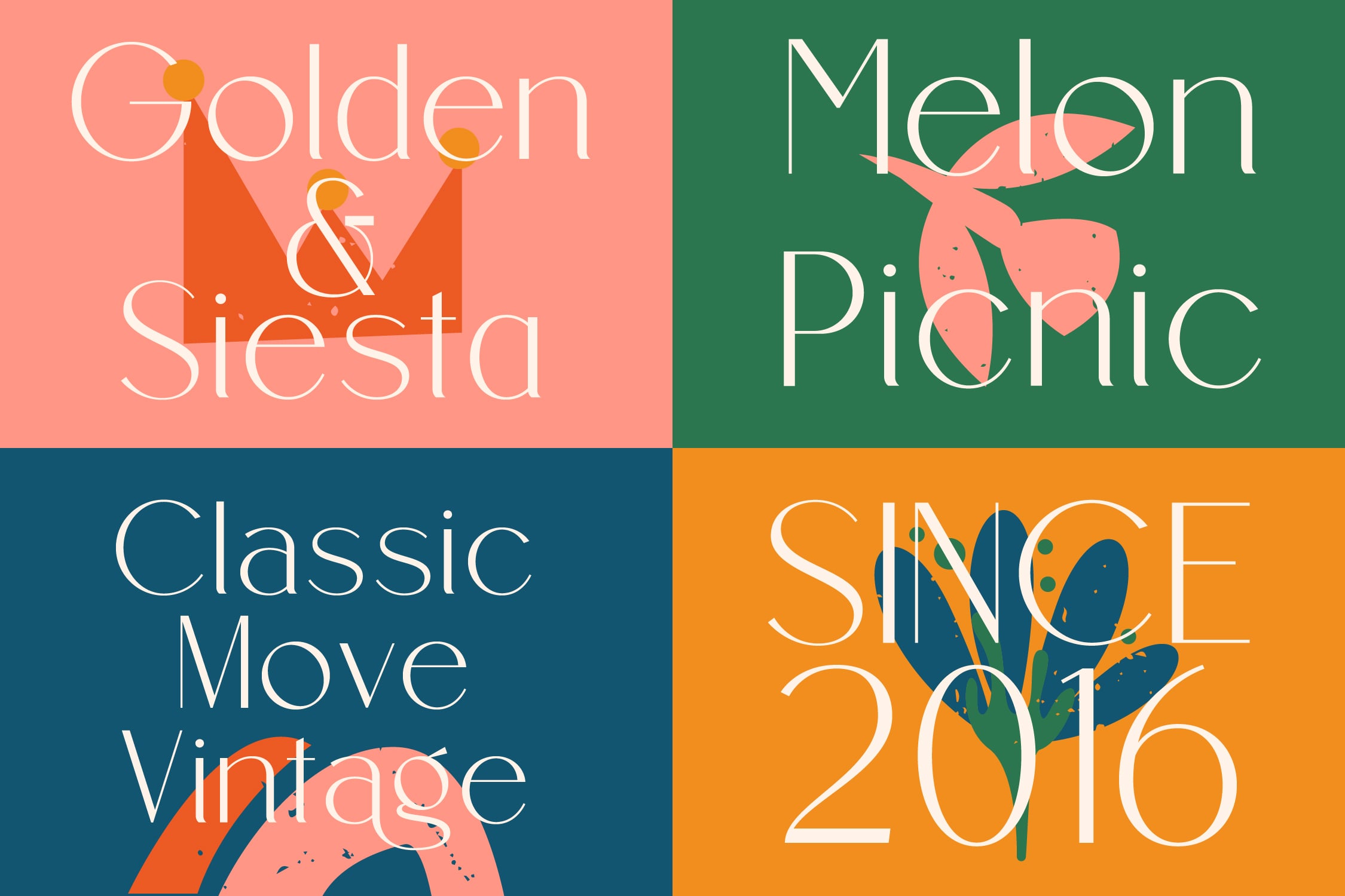 Four colorful typography designs with retro fruit illustrations on split backgrounds