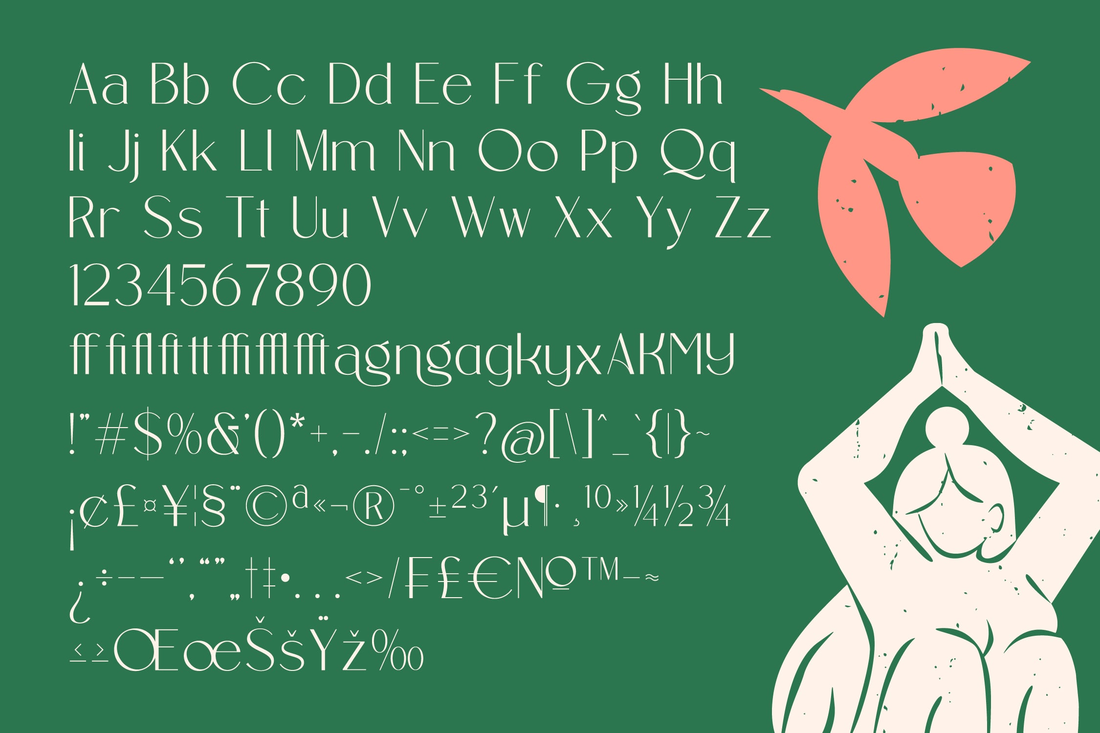 Light serif typeface specimen with full character set on green background with botanical illustrations