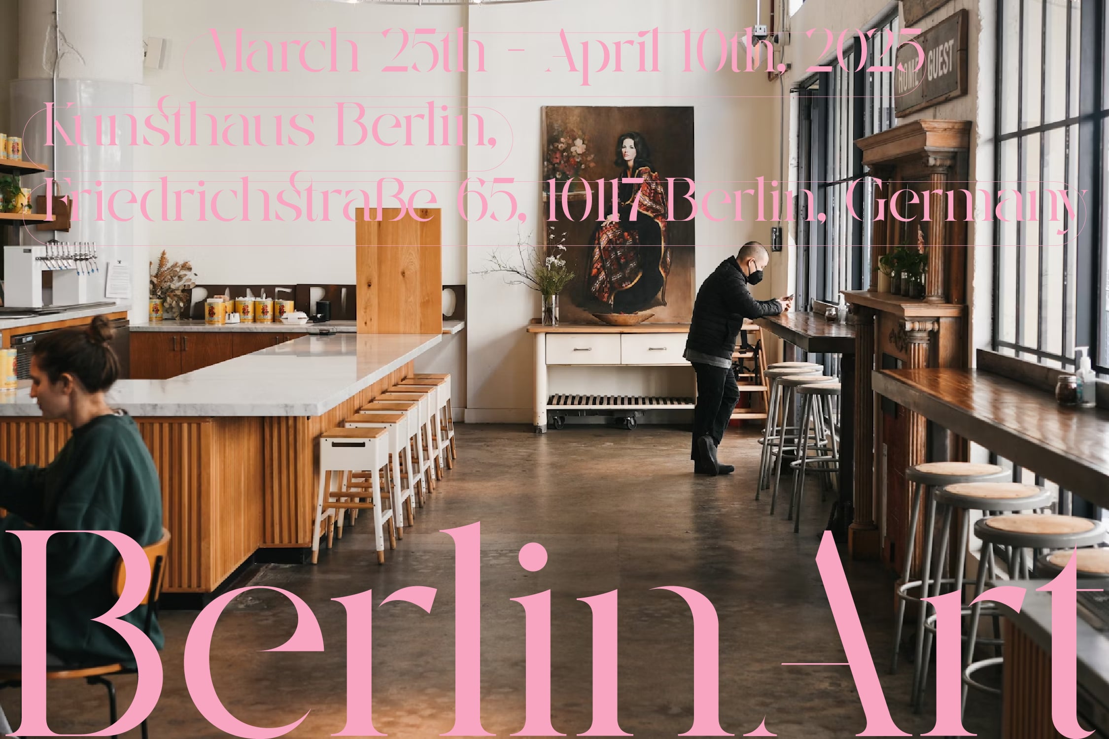 Modern Berlin café interior with wood counter, bar seating, portrait artwork, pink event text overlay