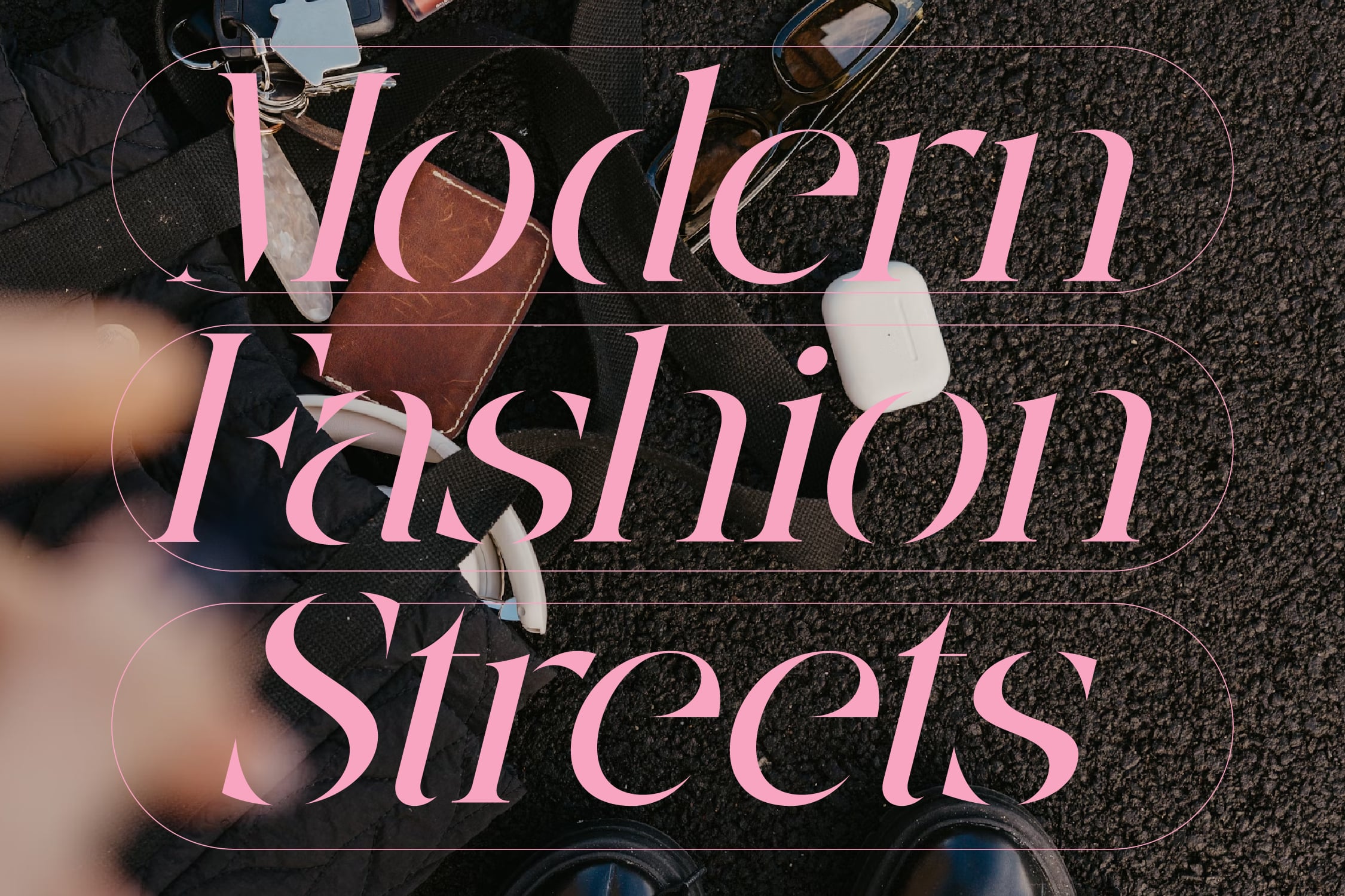 Modern fashion brand mockup with hot pink serif typography overlaid on street photography scene with tech accessories