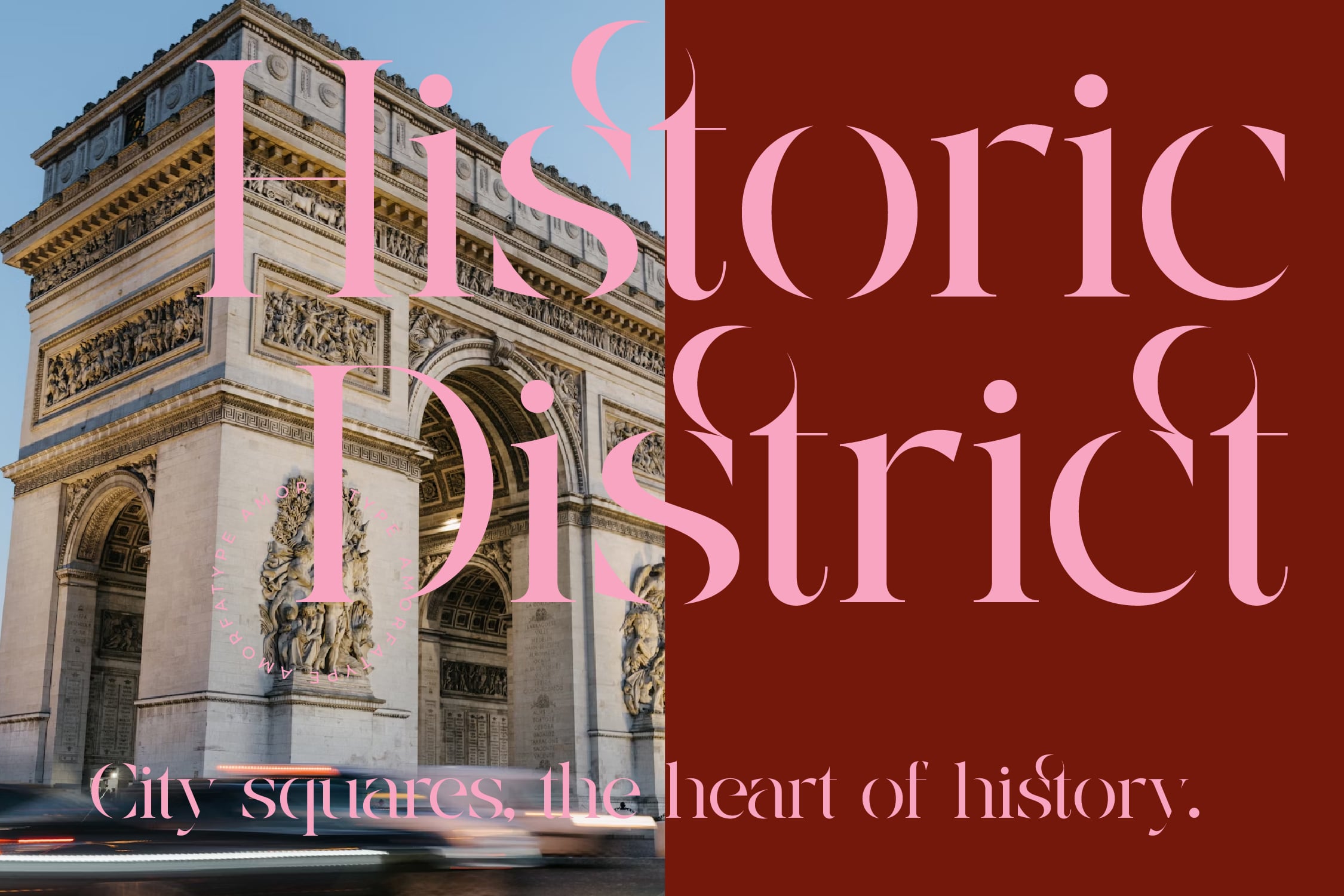 Historic Paris architecture poster split with burgundy overlay, pink serif typography
