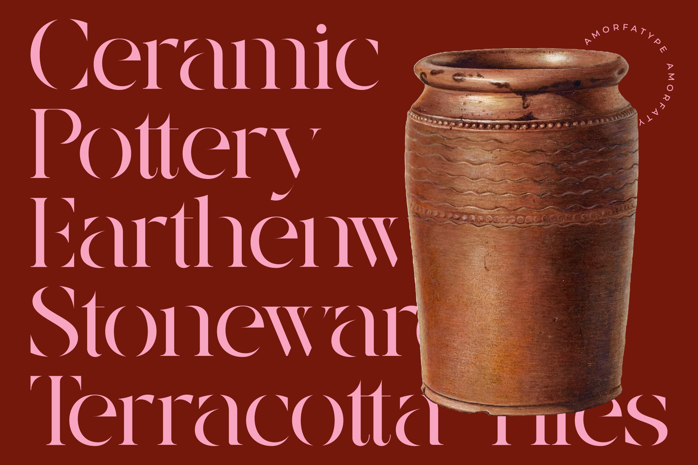 Rustic terracotta jar with beaded rim detailing on deep burgundy background with serif typography