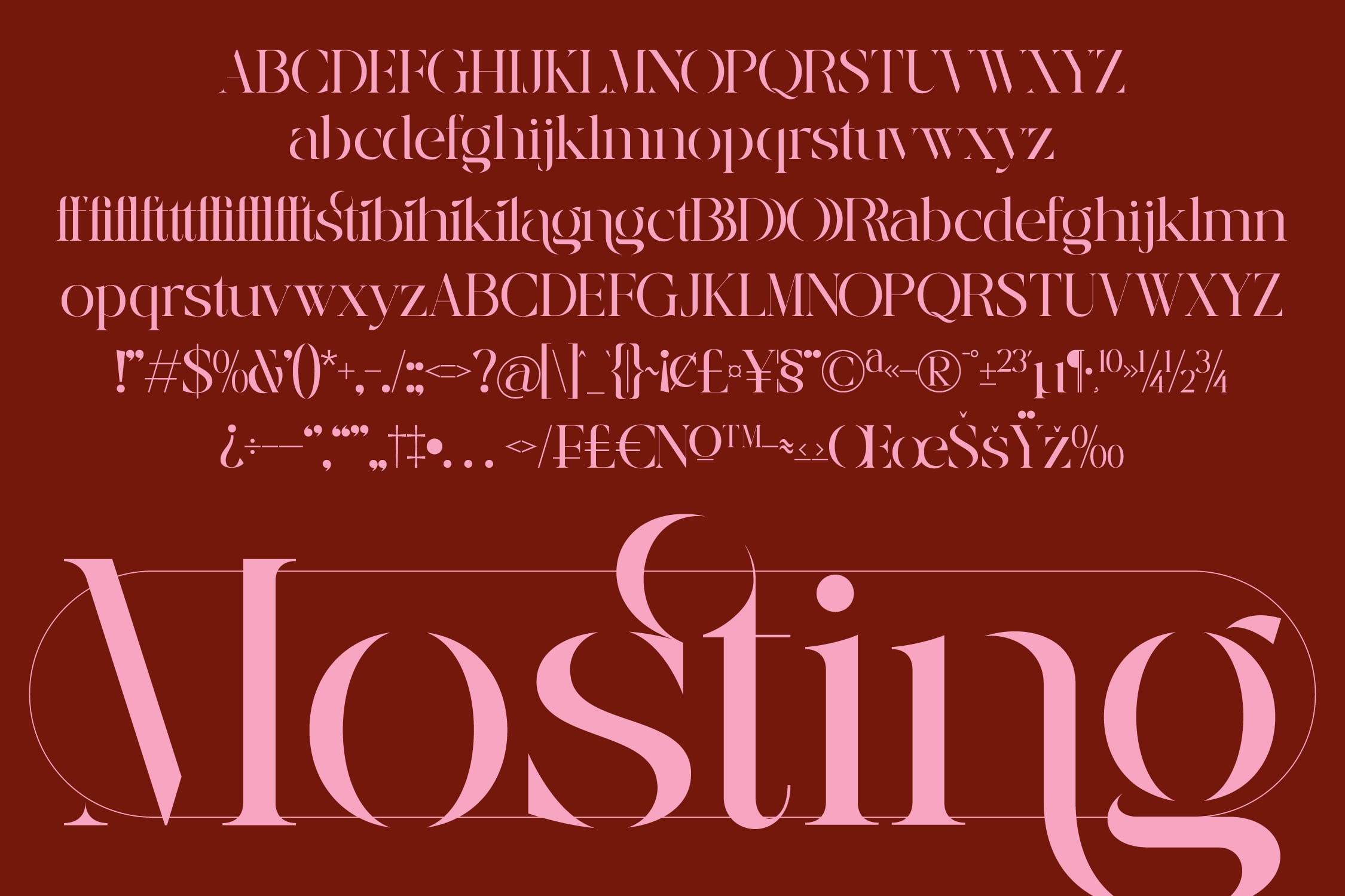 Elegant serif font specimen in blush pink on deep burgundy showing uppercase, lowercase, numbers plus special characters