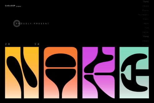 Bold abstract shapes in yellow, orange, magenta, plus mint with black organic forms