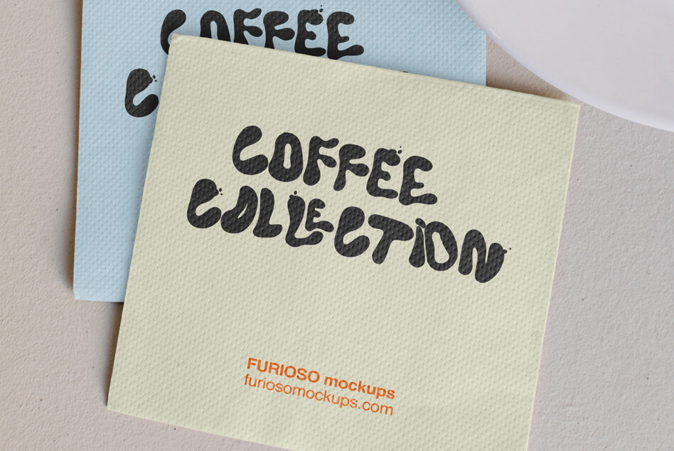 Cream notepad mockup with hand-drawn type saying coffee collection, blue card behind it
