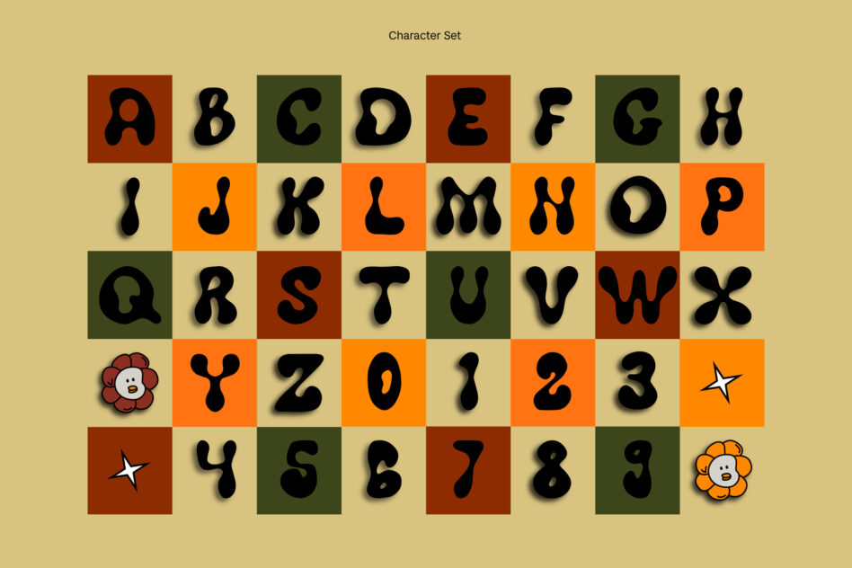 Chunky alphabet with numbers, cute flower characters on colorful grid background