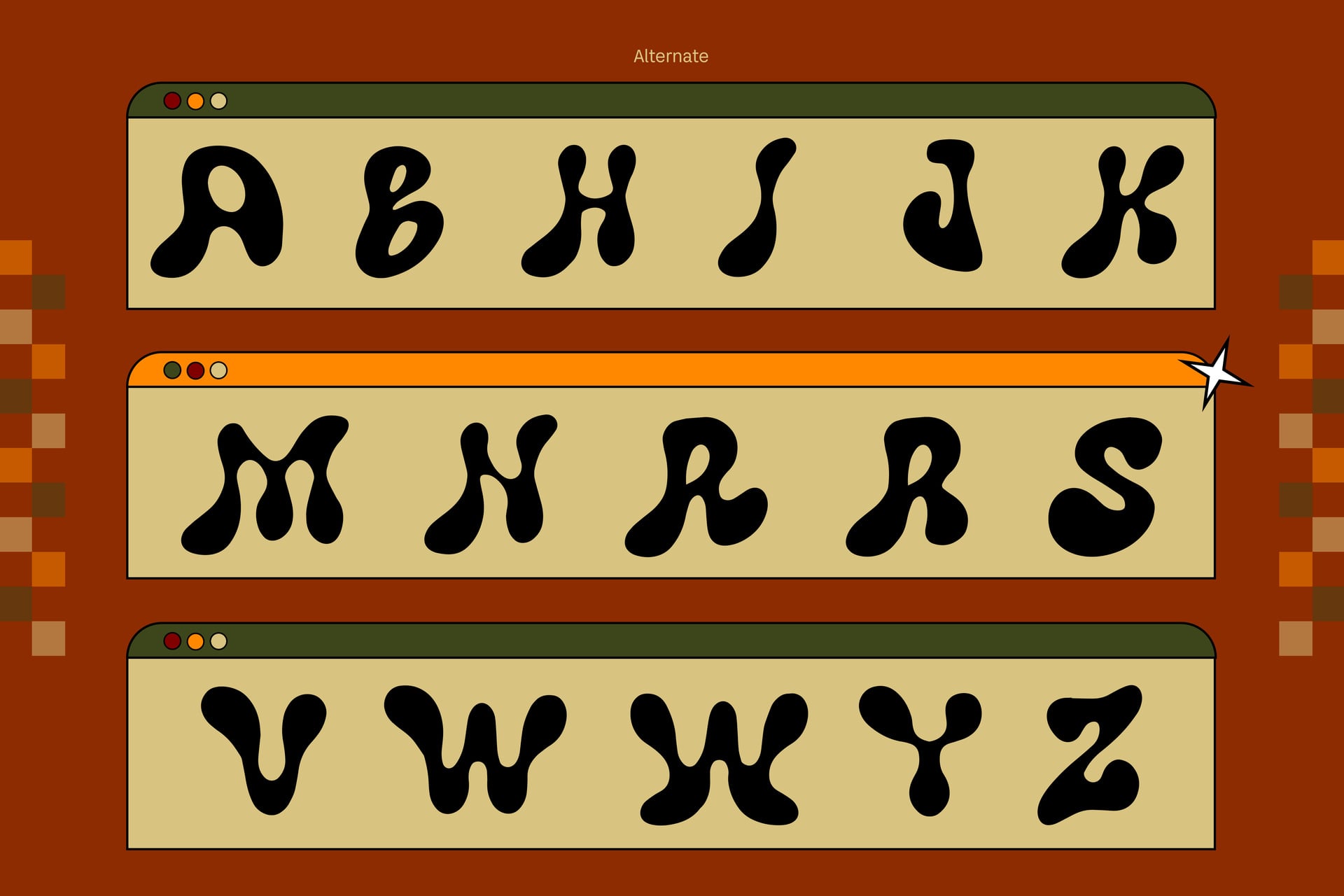 Retro font mockup showing full alphabet in three browser windows with cream backgrounds