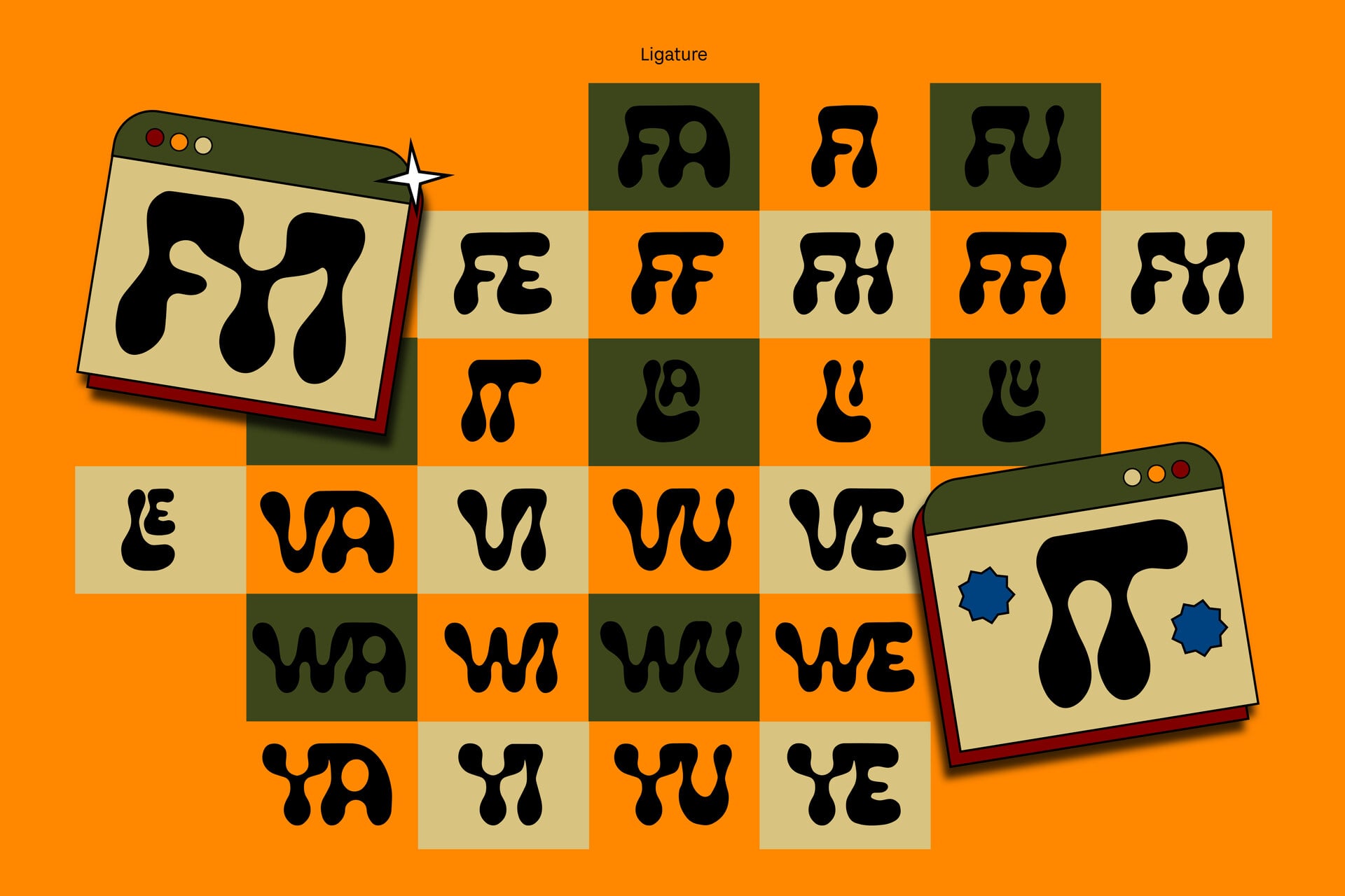 Ligature font specimen showing curvy black letterforms across colorful grid with browser mockup windows