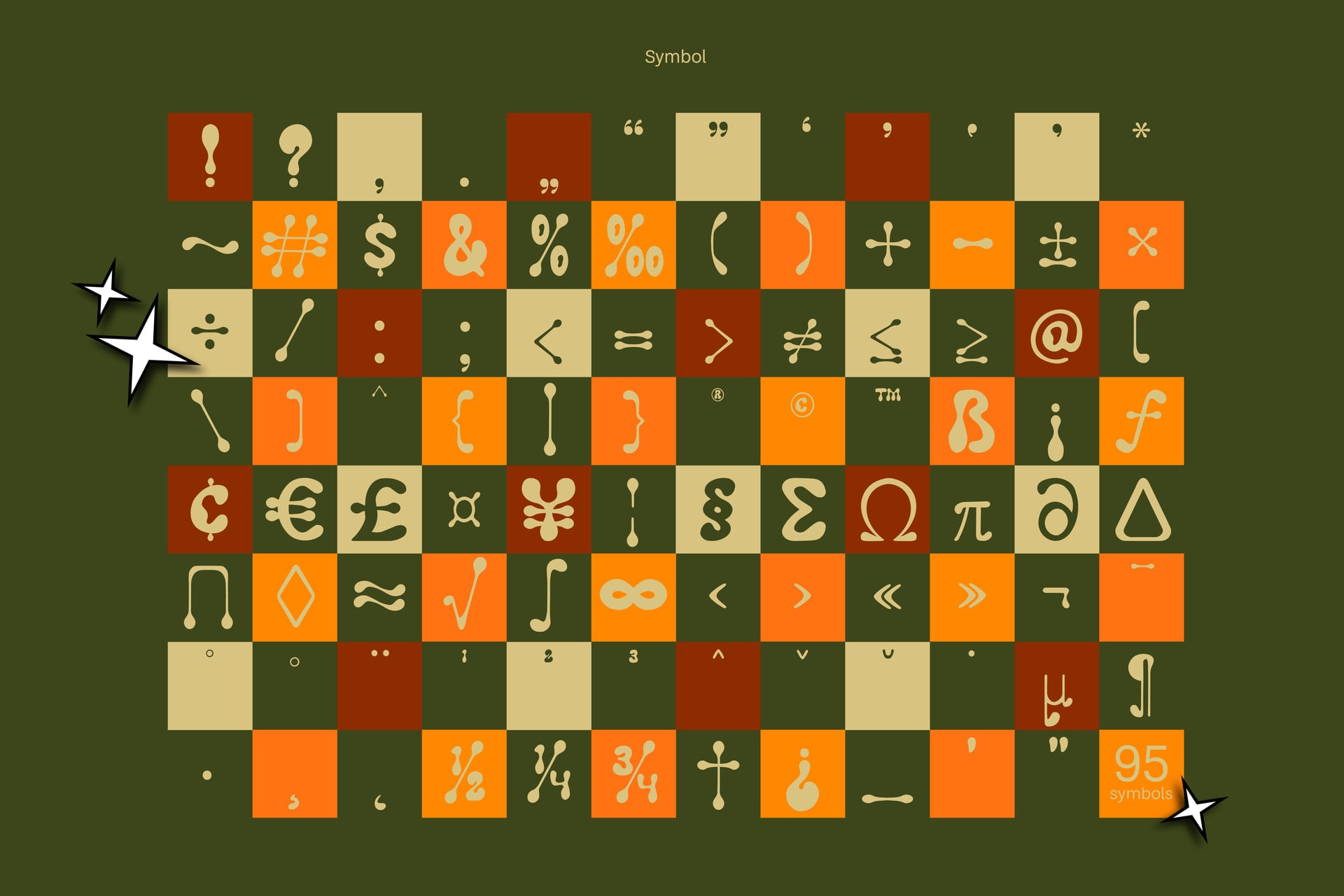 Colorful symbol font grid with 95 punctuation marks, currency signs, math operators on olive green background