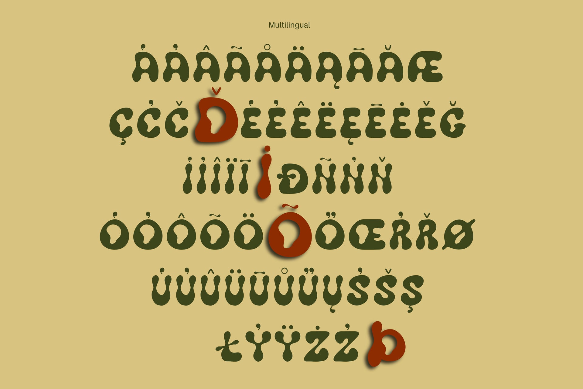 Multilingual font with accented characters in olive green, red highlight letters on warm tan background