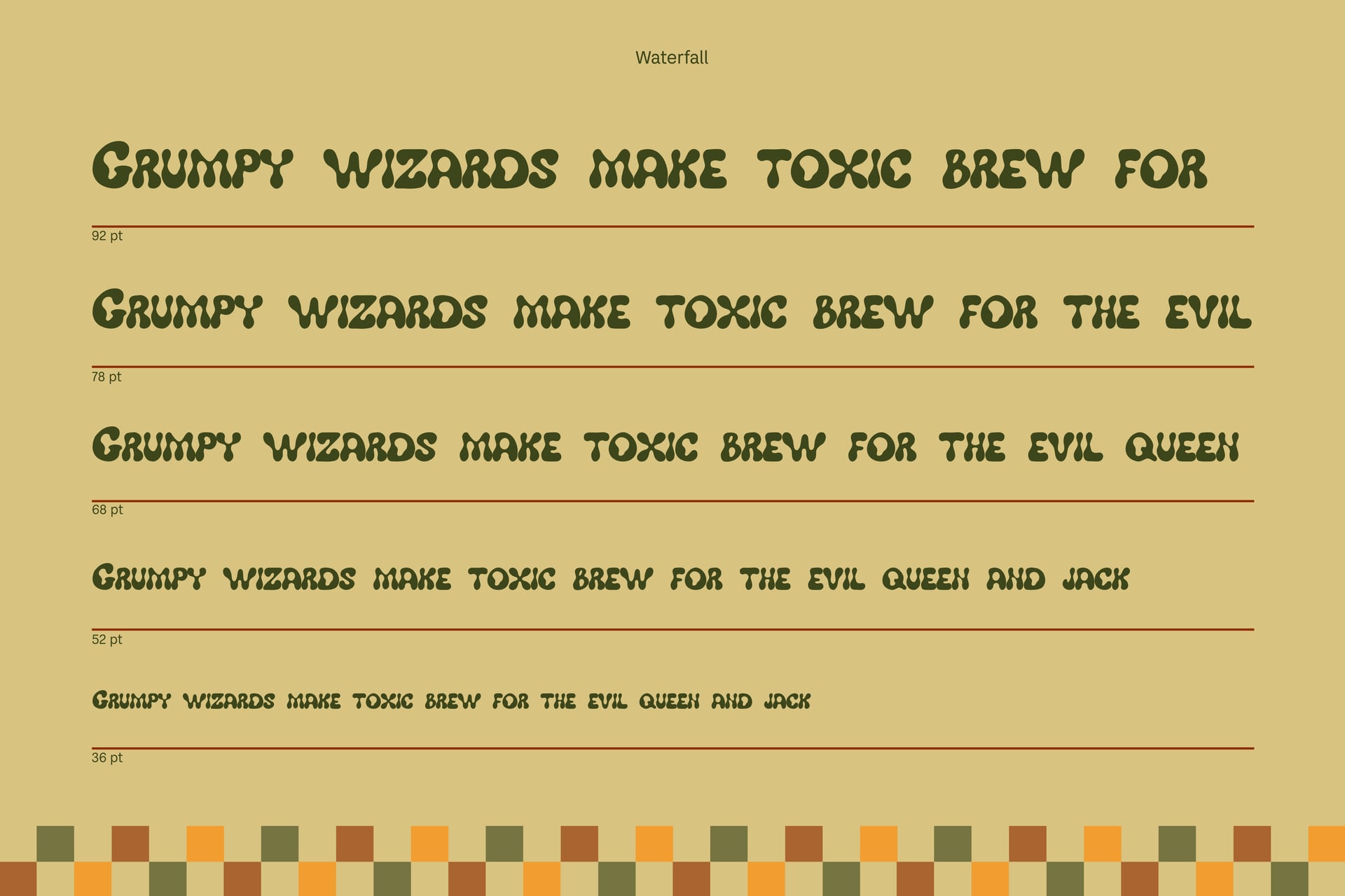 Waterfall font display showing playful serif typeface at various sizes with earthy color palette
