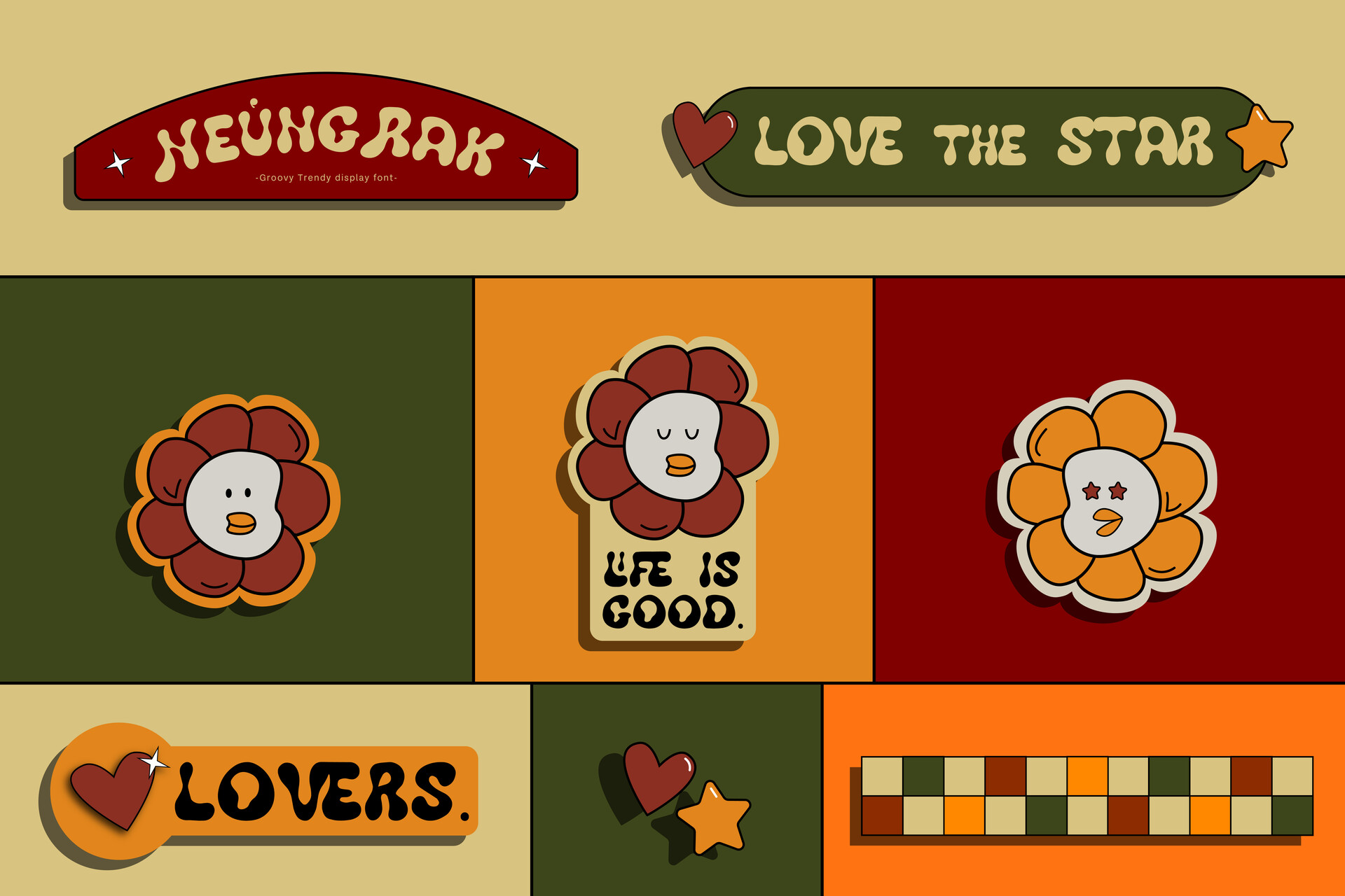 Groovy flower characters with retro badges saying life is good, lovers, love the star