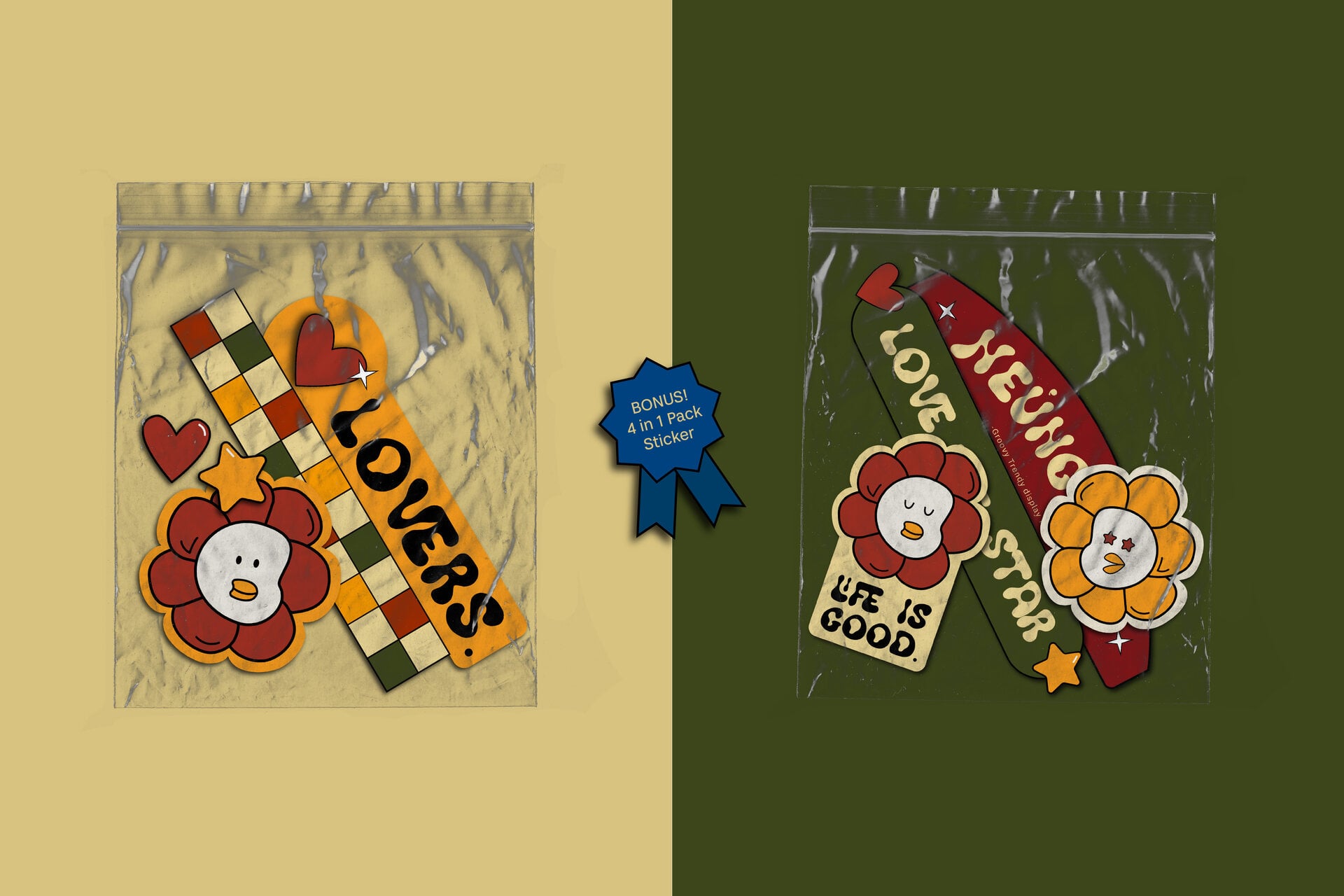 Retro sticker pack mockup with smiley flowers, hearts, stars on ziplock bags in warm color palette