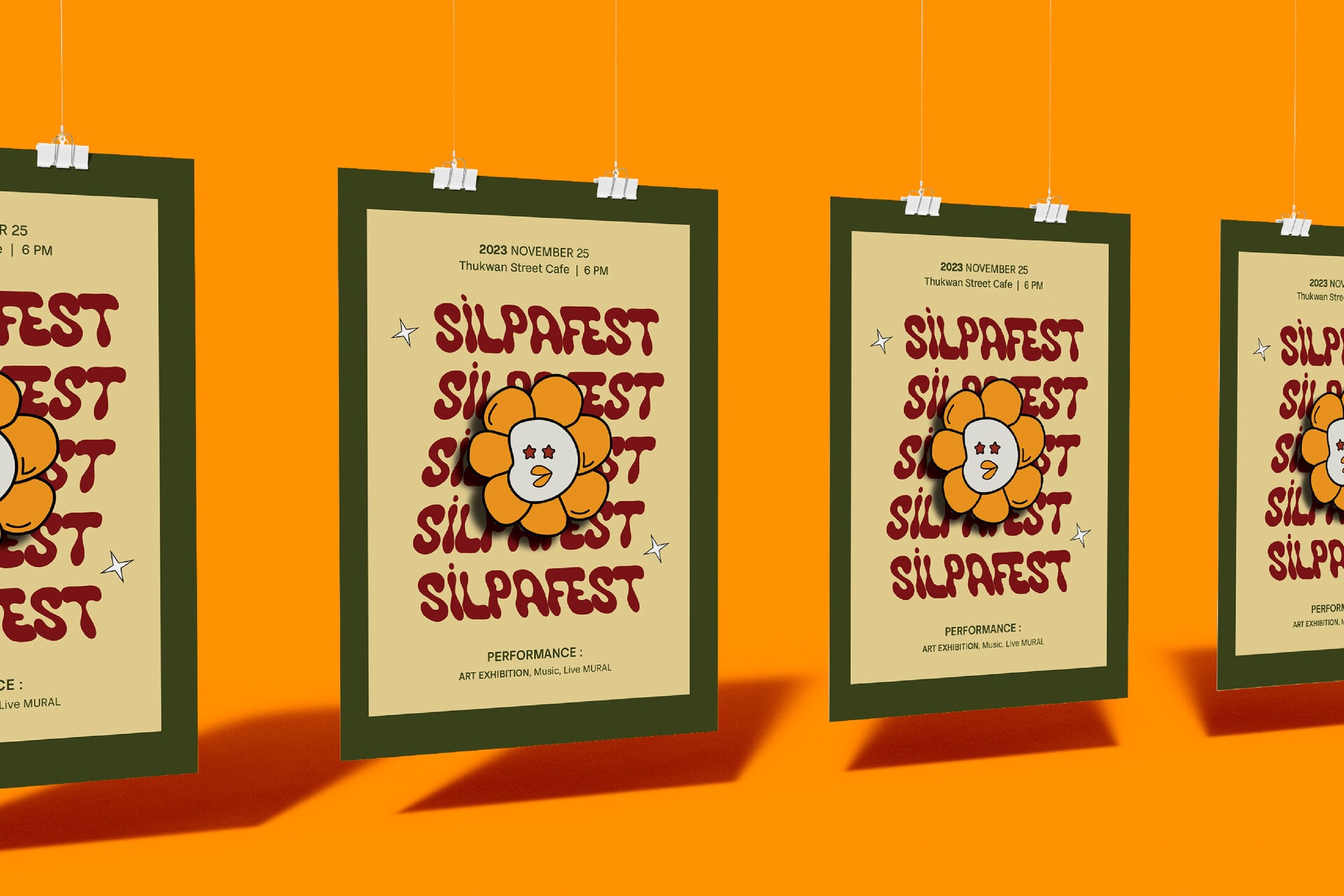 Multiple event posters with olive frames hanging on bright orange background, featuring smiley flower illustration