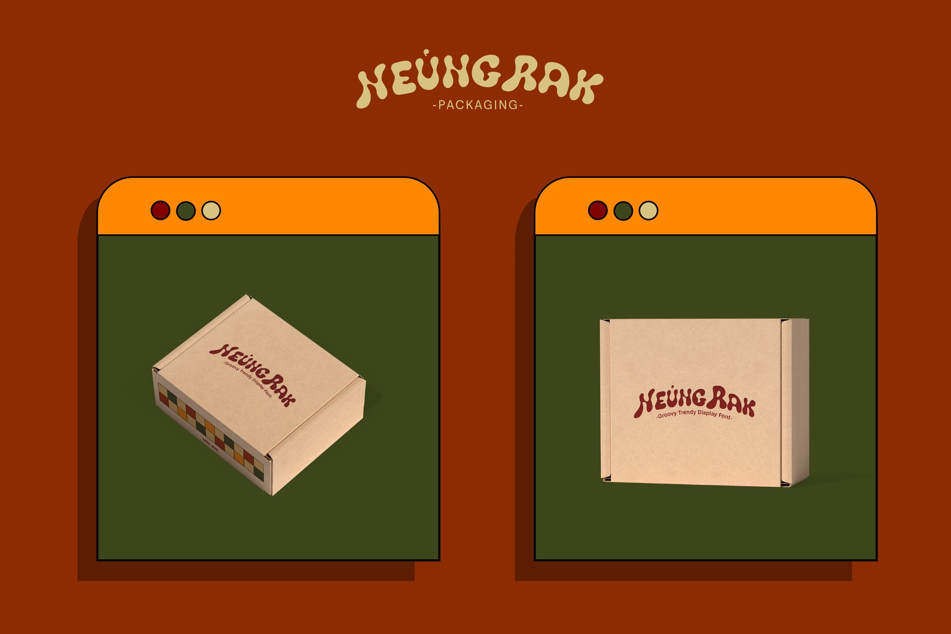Two cardboard box mockups with Neungrak branding shown from different angles on a brown background