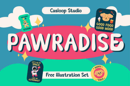 Colorful Pawradise illustration set with cute characters, clouds, sparkles on bright background