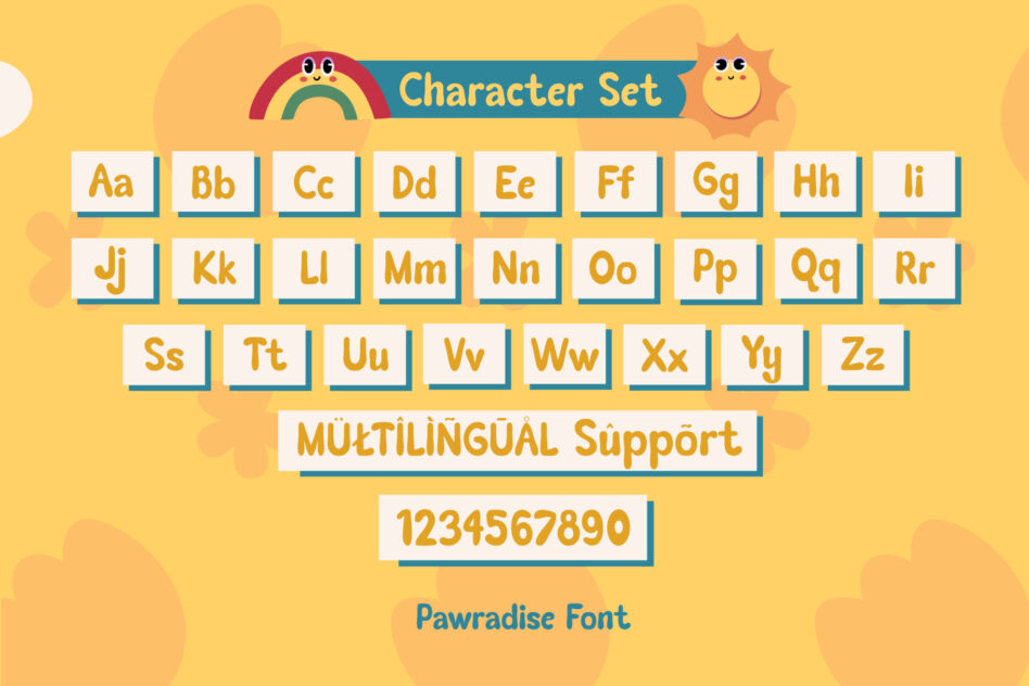 Pawradise Font character set with cute rainbow, sun mascots, multilingual letters, numbers on cheerful yellow background