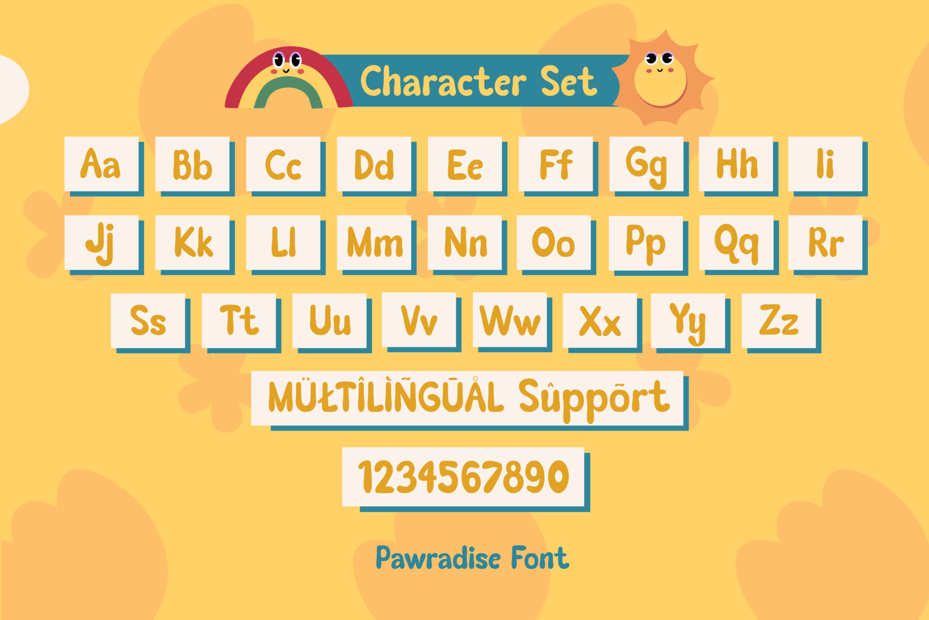 Pawradise Font character set with cute rainbow, sun mascots, multilingual letters, numbers on cheerful yellow background