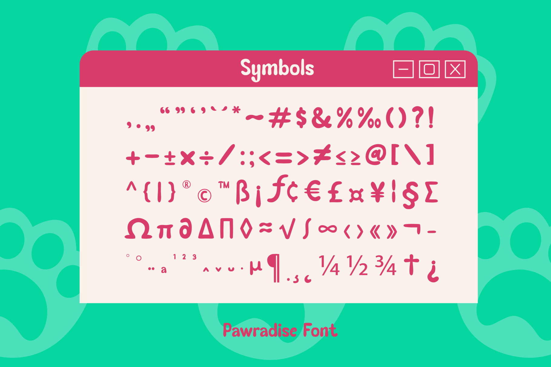 Pawradisc font symbol set displayed in hot pink on cream window mockup with turquoise background