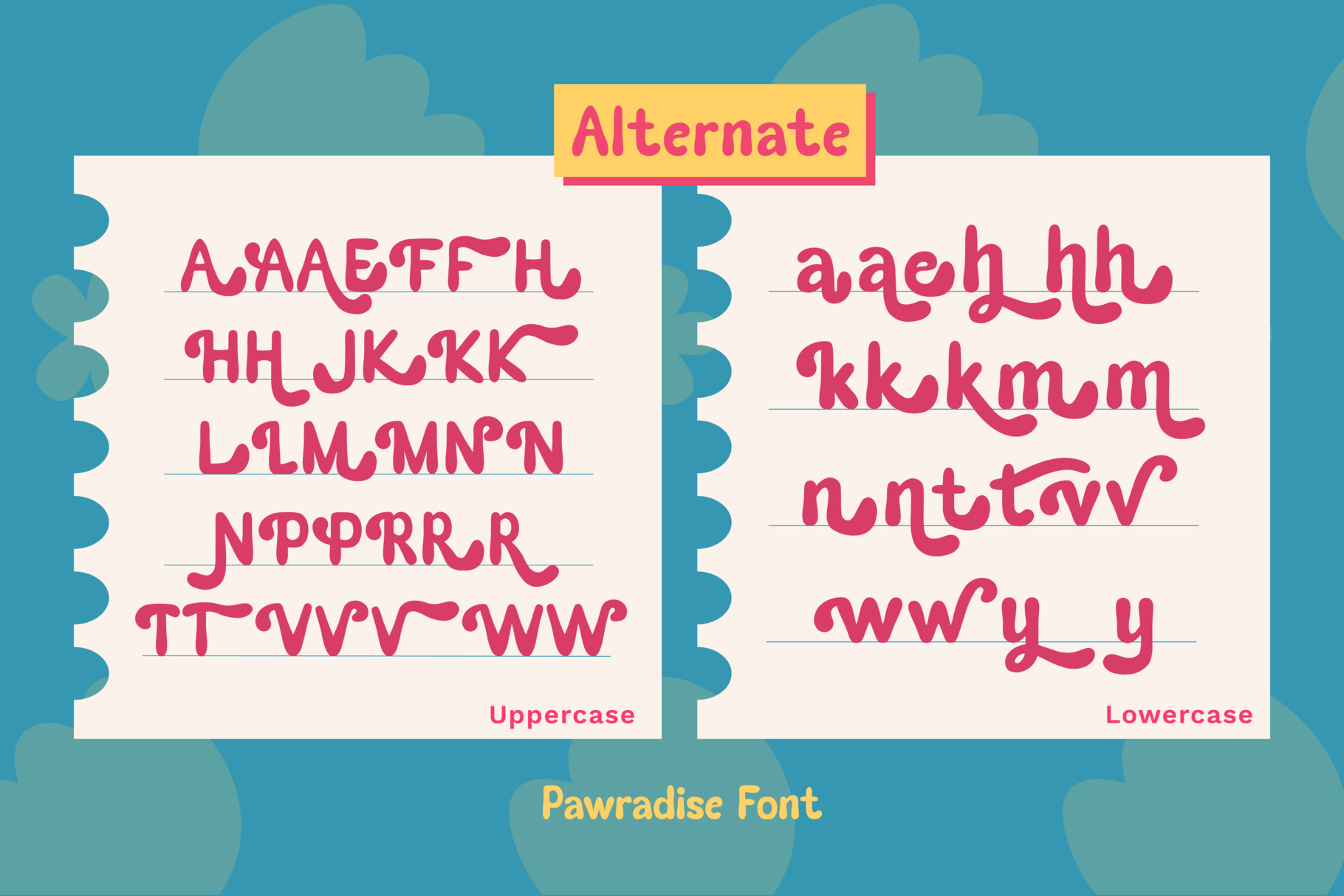 Pawradise Font showing uppercase, lowercase, alternate characters on spiral notebook pages