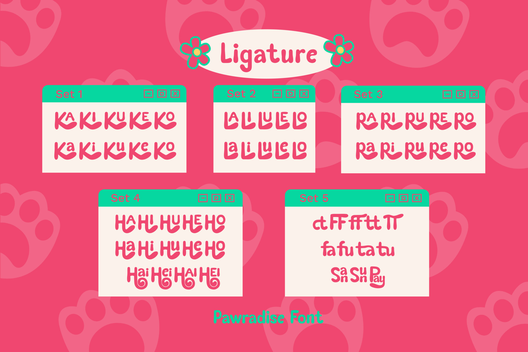 Ligature font display showing 5 character sets with playful letterforms on hot pink background