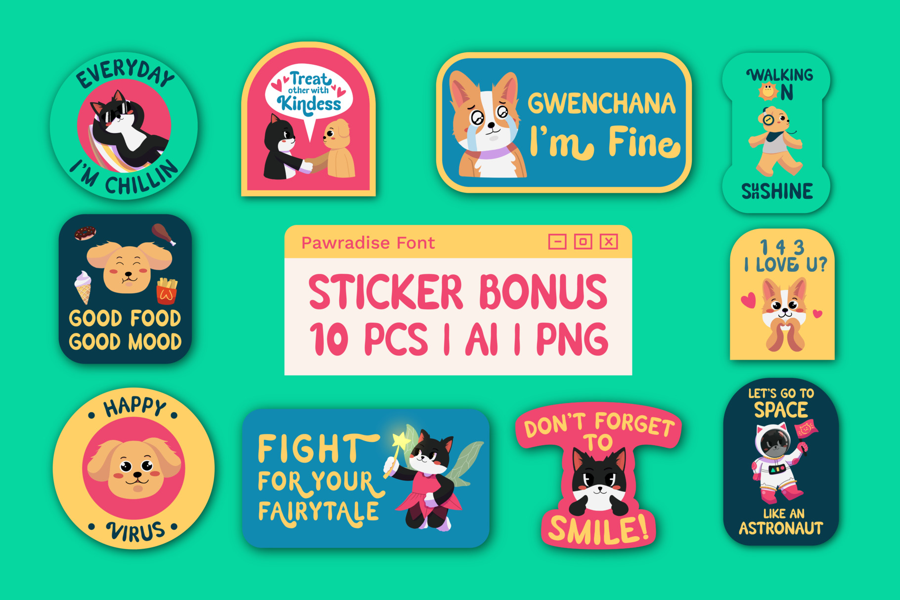 Collection of 10 colorful sticker designs with cute characters, motivational quotes, playful animals on bright turquoise background