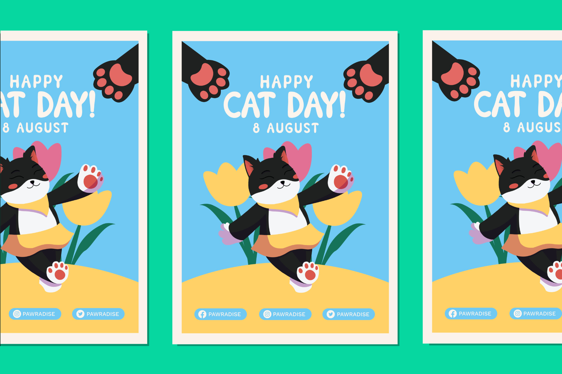 Cat Day poster mockup with cute black cat holding yellow flowers on bright blue background