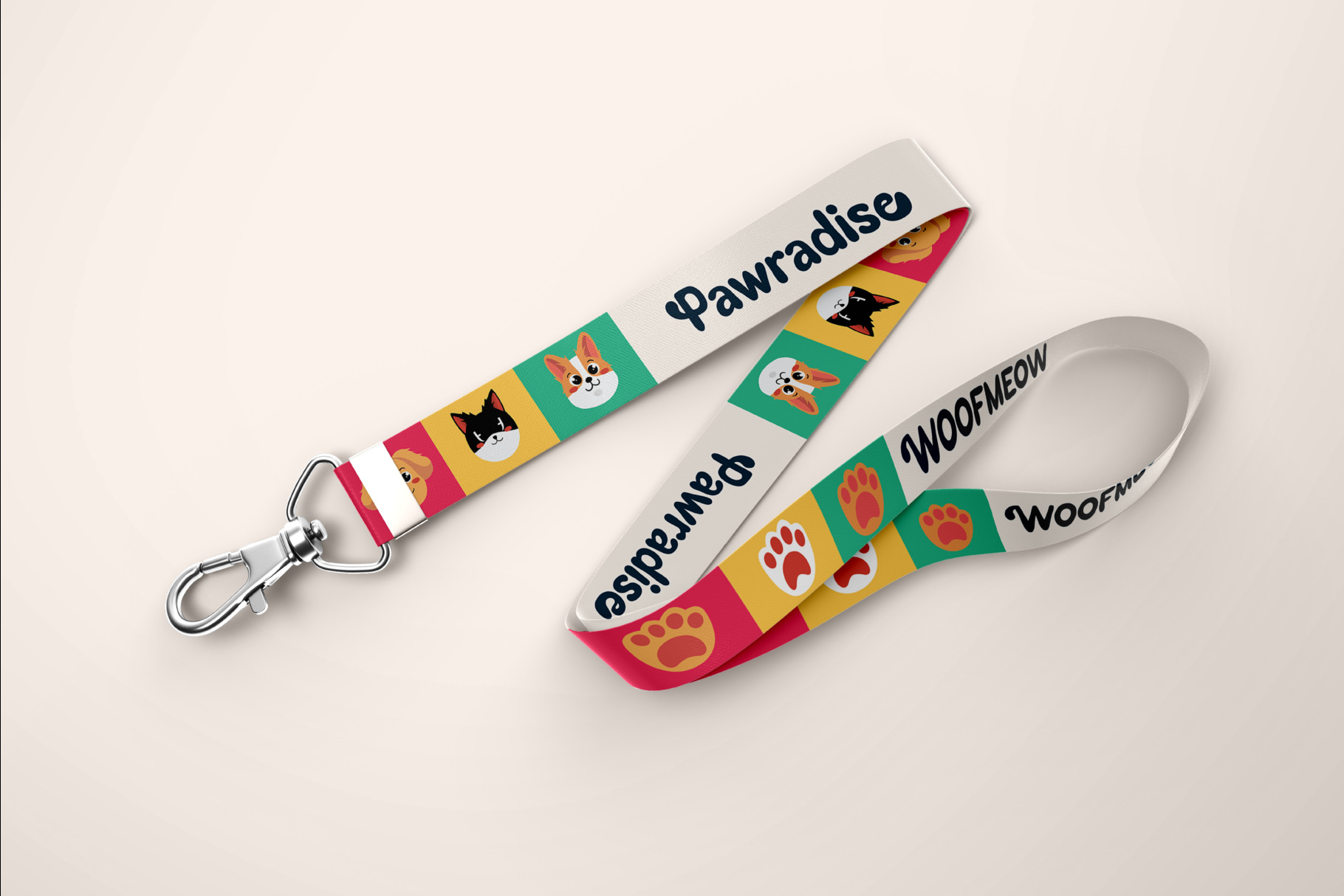 Colorful pet brand lanyards with cat, dog illustrations plus paw prints on vibrant striped design mockup