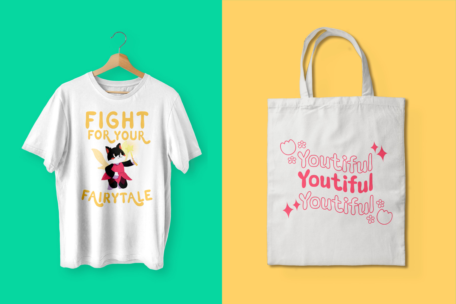 White tee with cat warrior graphic plus matching tote with youthful text design