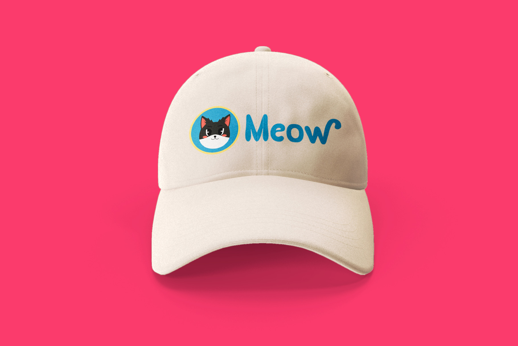Cream baseball cap mockup with cat logo on hot pink background