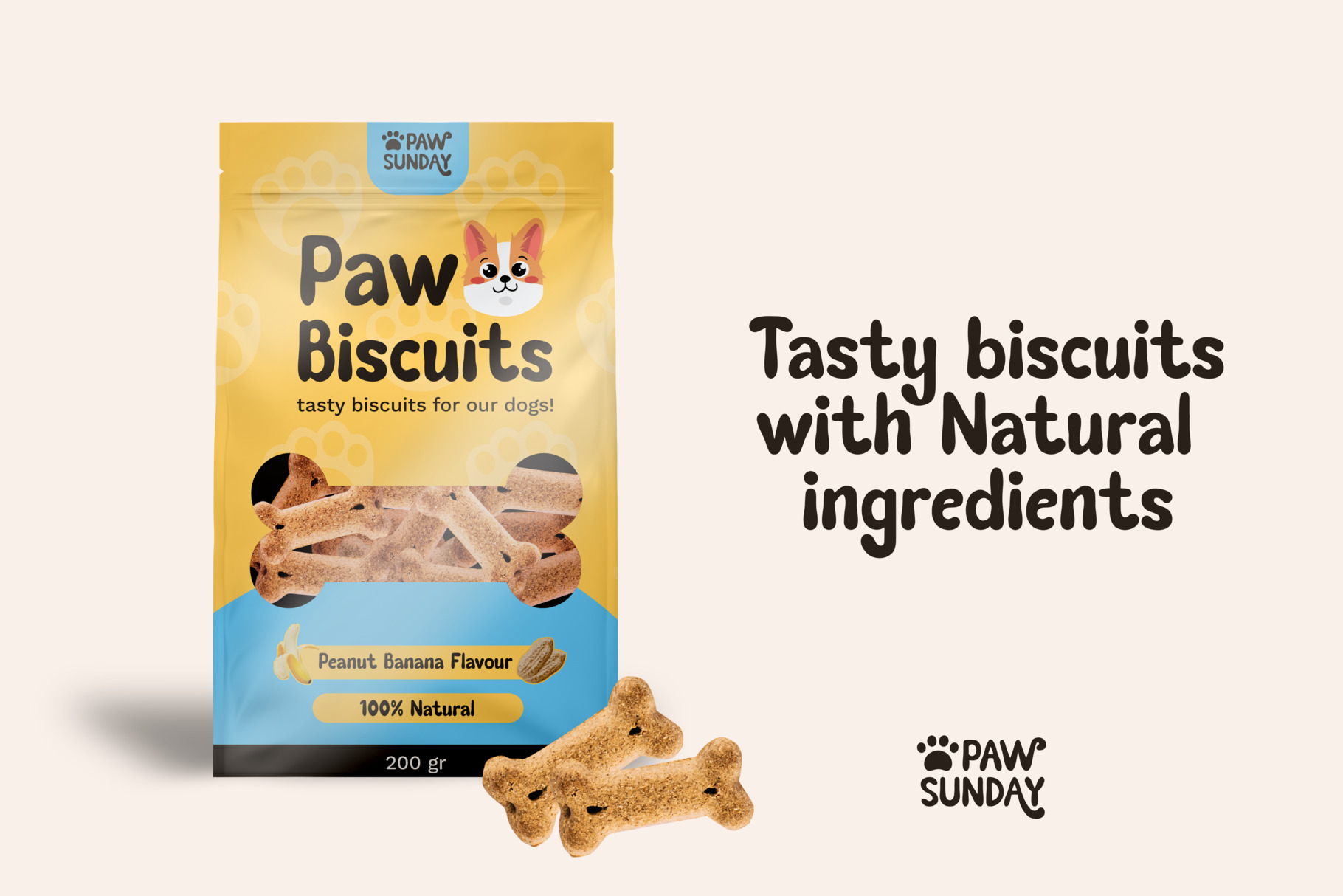Dog treat pouch mockup showing yellow packaging with peanut banana flavor biscuits