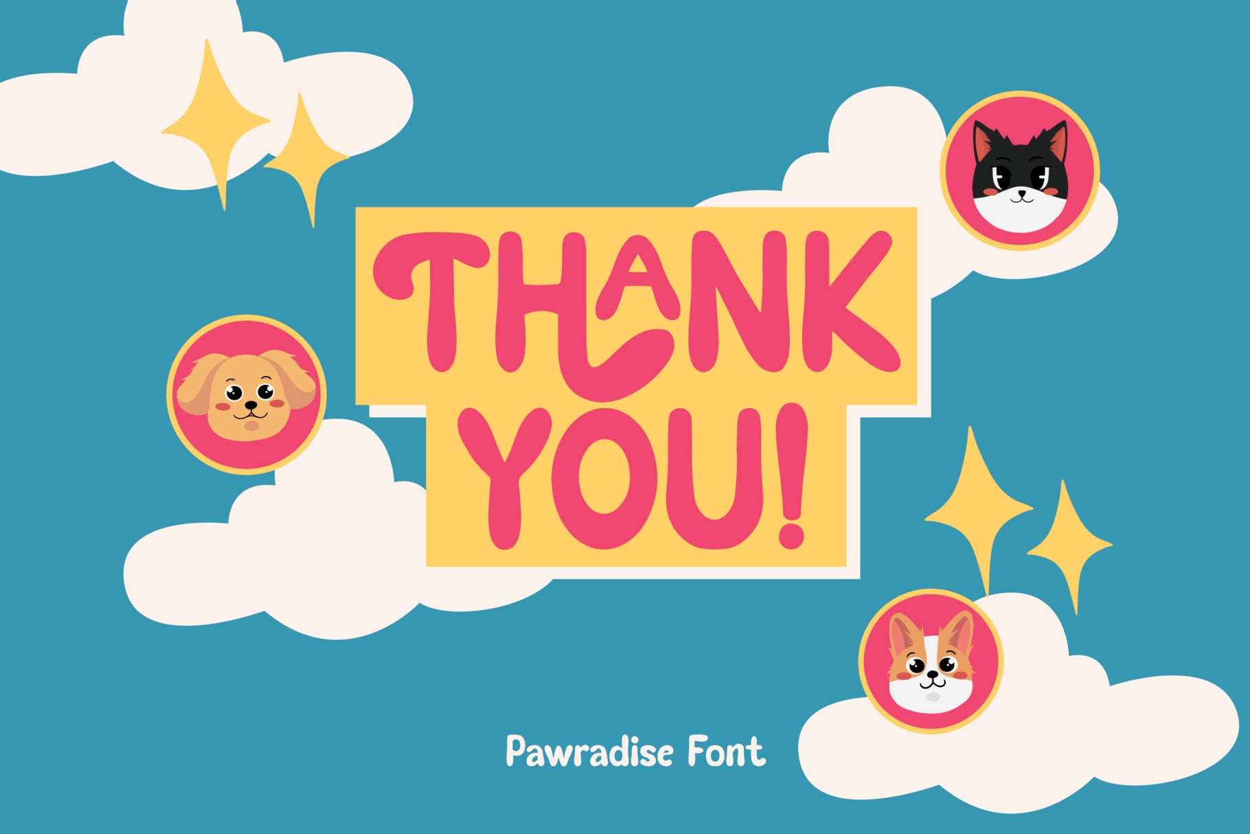 Colorful thank you card with cute animal avatars, clouds, sparkles on teal background