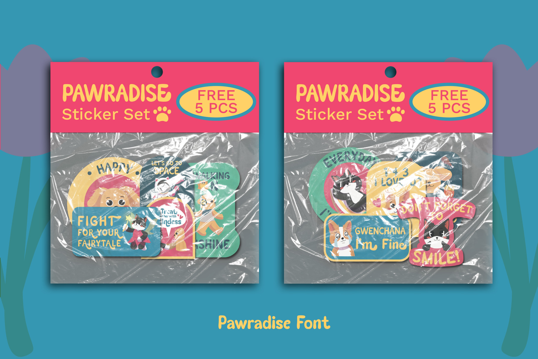 Two packaged sticker sets with bright pink labels, colorful animal designs, plus kawaii characters on turquoise background