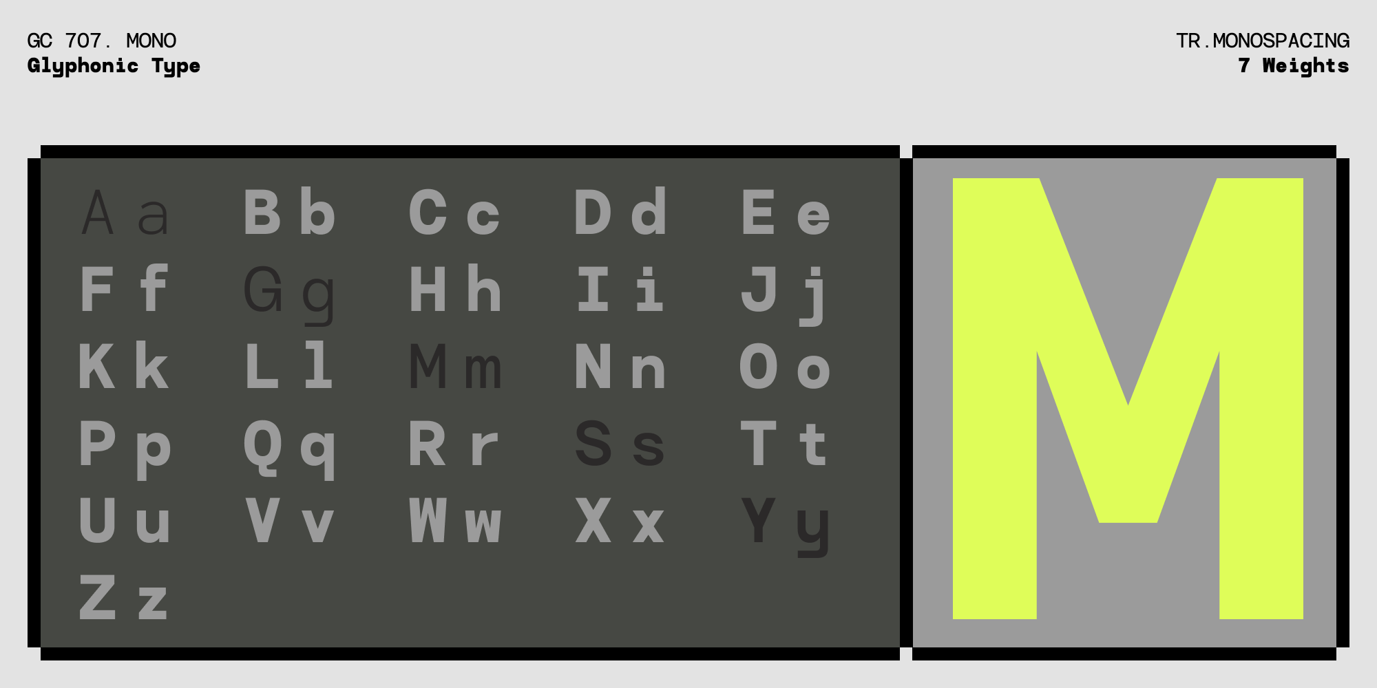 Glyphonic Type font family showing full character set with 7 weights in neon yellow