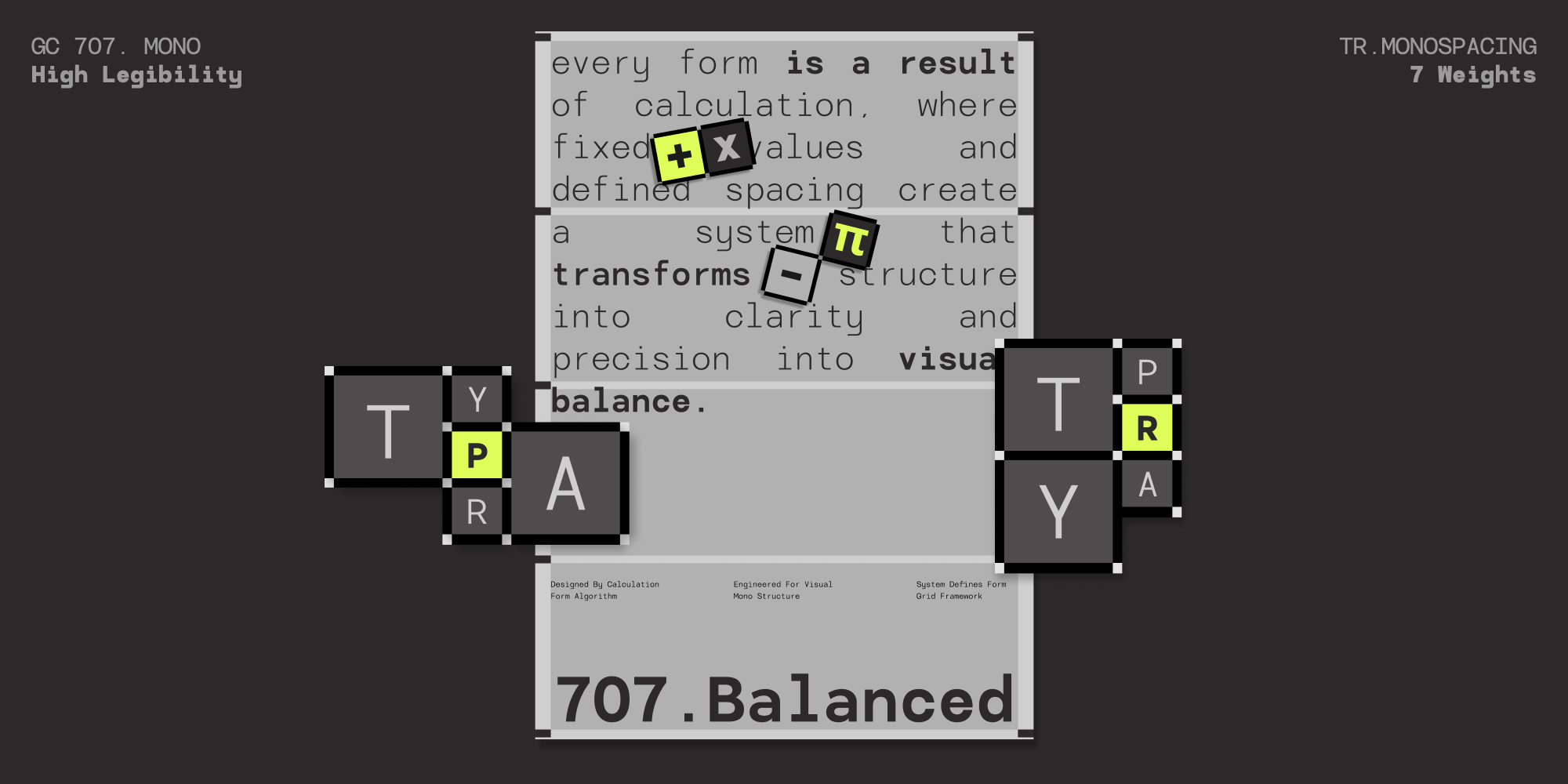 GC 707 Mono font showcase with neon yellow accents, displaying grid system typography in action